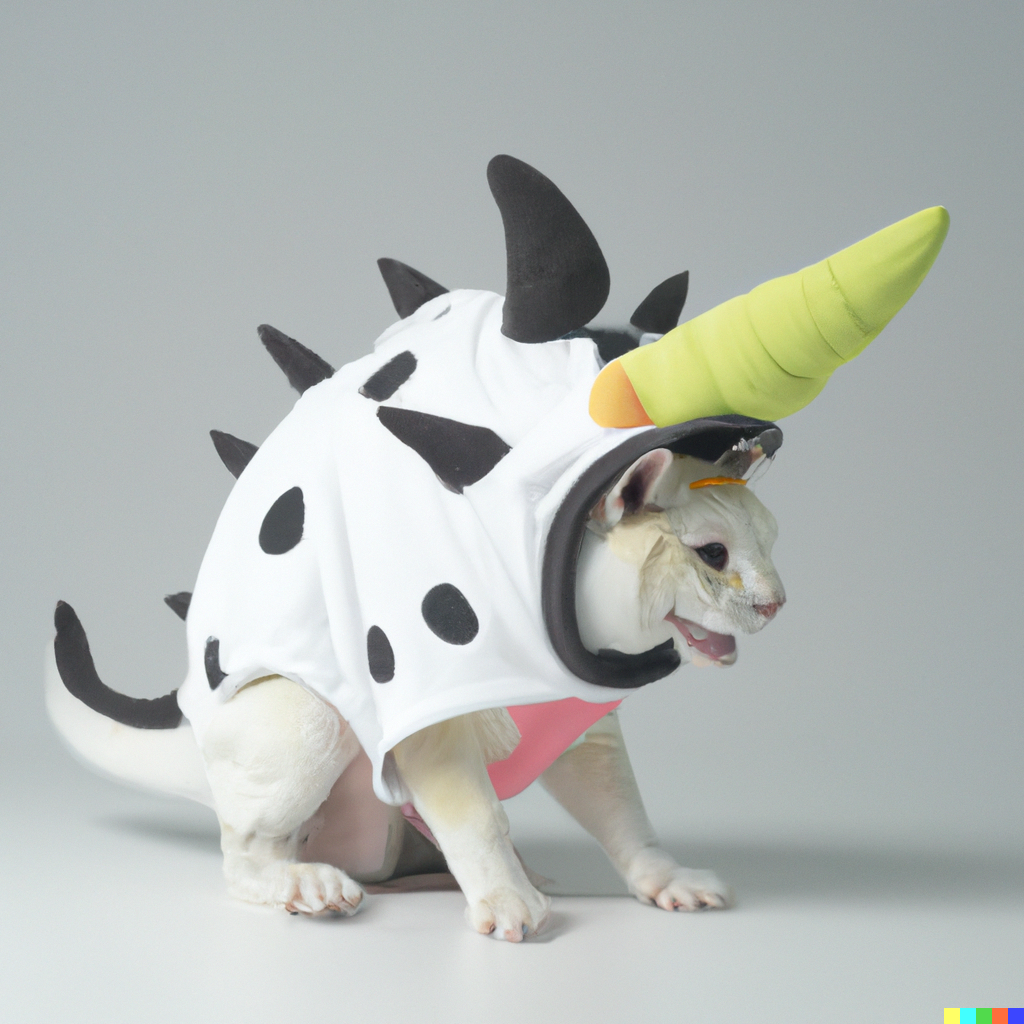 Cat's costume has a high back lined with black spikes, black spots, and a pink underbelly. An enormous green unicorn horn juts above the opening for the cat's head.
