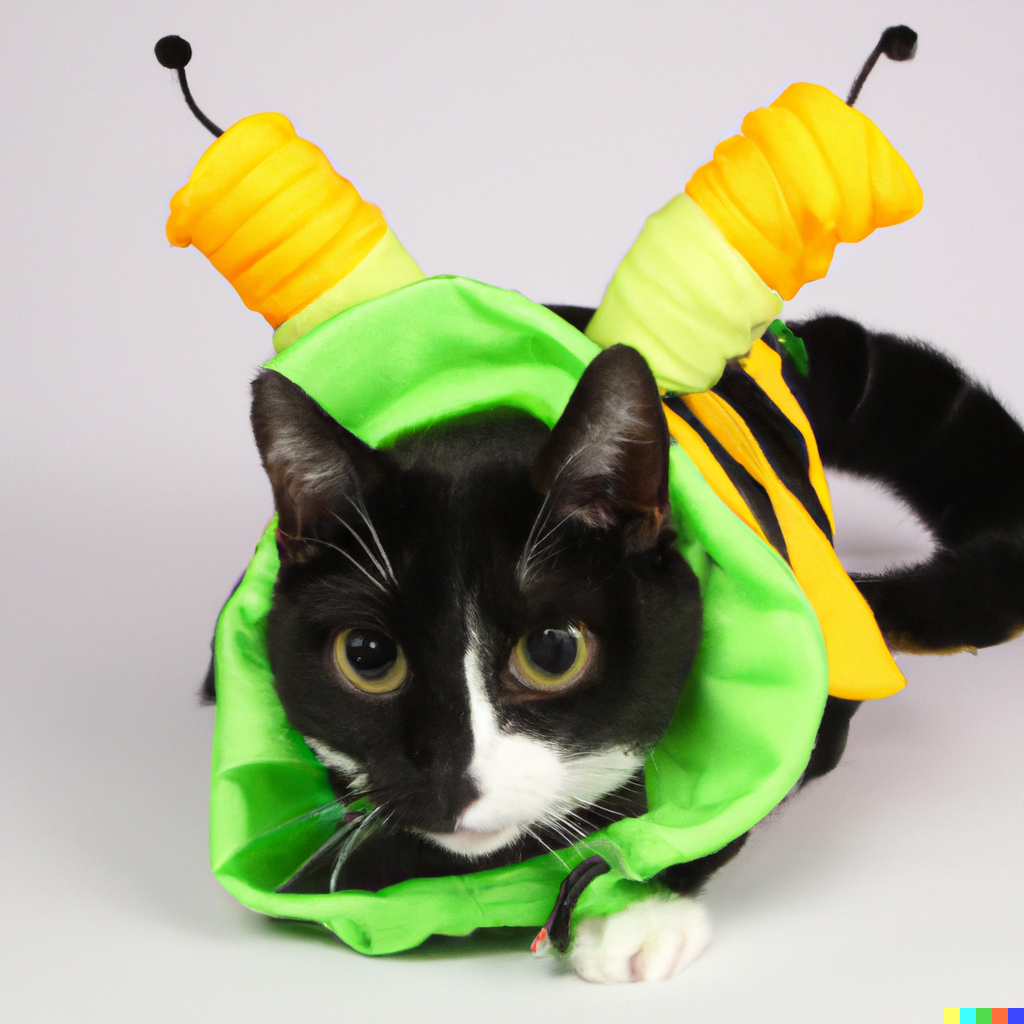 A murder-eyed cat crouches in a black and yellow striped costume with wide floppy green collar. Two yellow caterpillar-shaped antennae emerge from the cat's back, both topped with tiny pom poms.