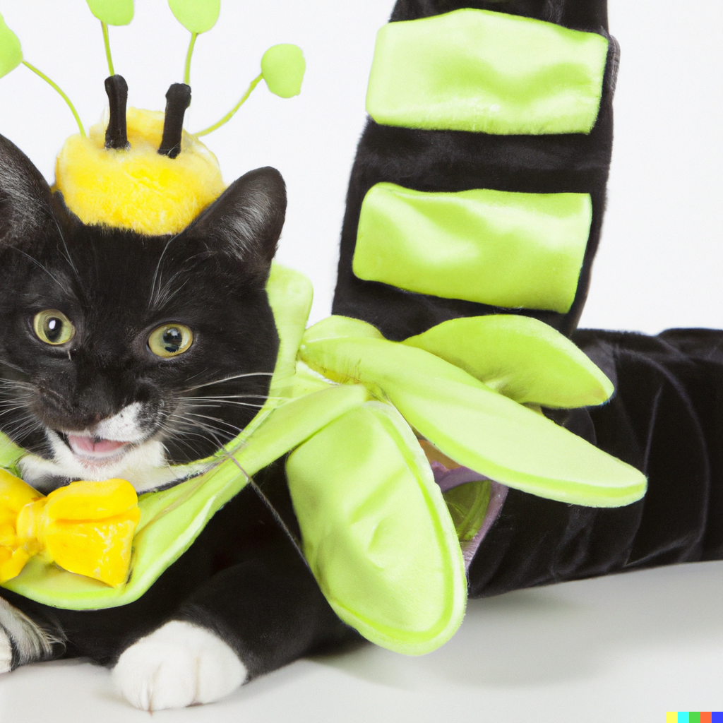 Cat wearing a ridiculous pillbox hat with quadruple pom pom antennae. Around its neck is a sort of cape with a bow tie and fabric wings, and a soaring green and black wide fabric tail.