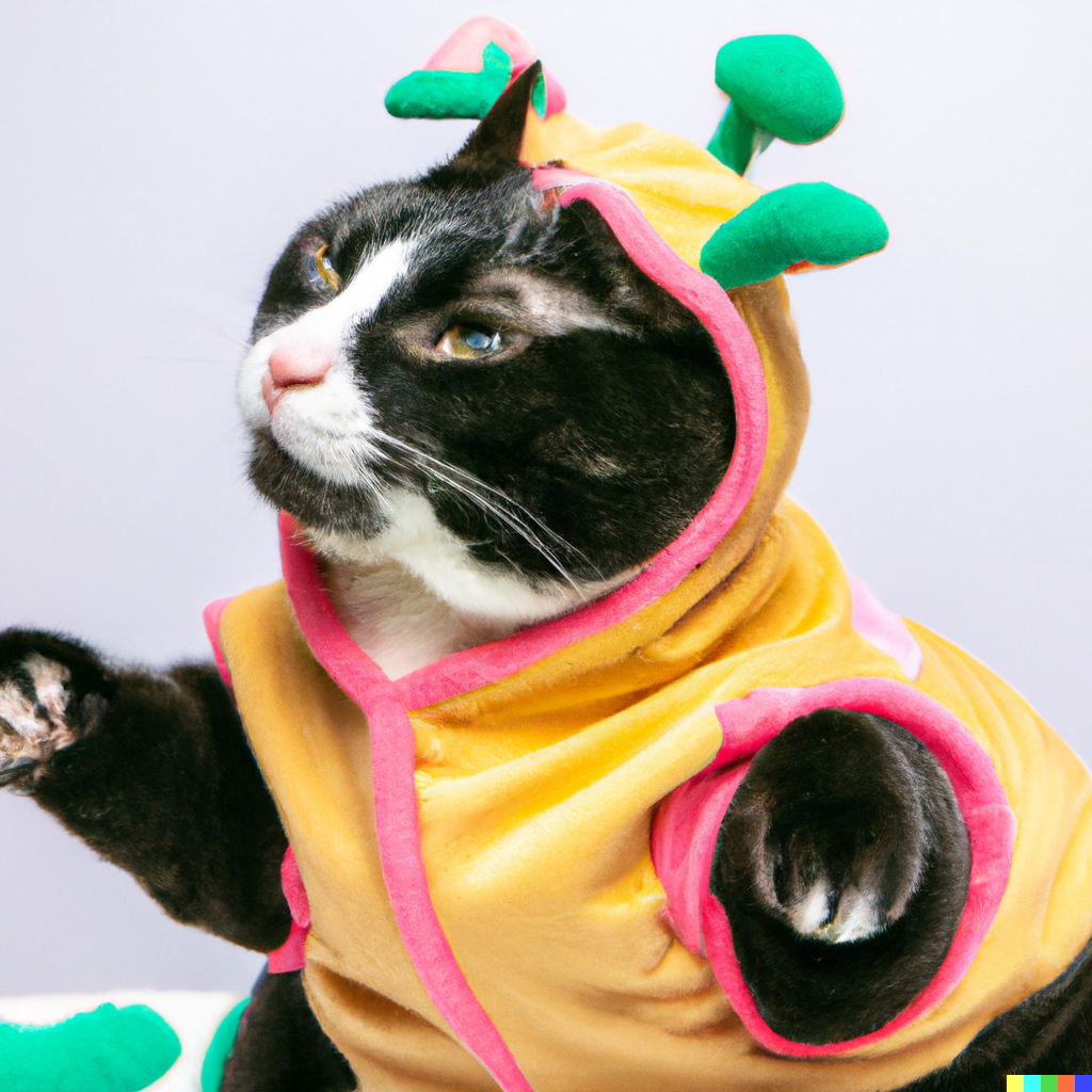 Cat in a red-trimmed yellow robe. Topping the robe's hood are three floppy green horns.