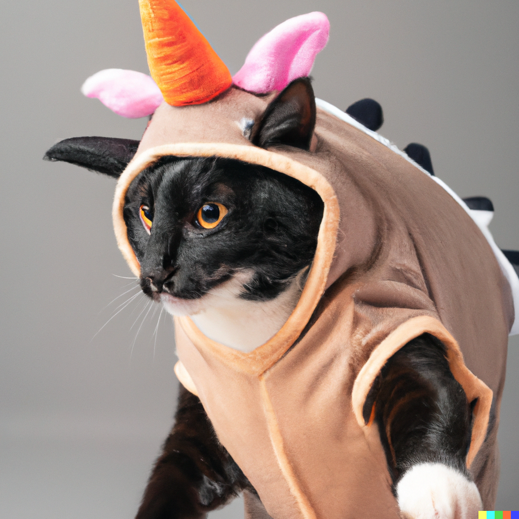 Hooded costume has holes for the cat's own ears, but also two pink ears above that, topped with a unicorn horn. Its back has short black spikes.