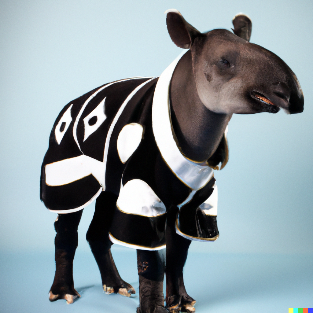 A very recognizable tapir wearing a bold black and white tunic similar to a medieval warhorse's tunic.