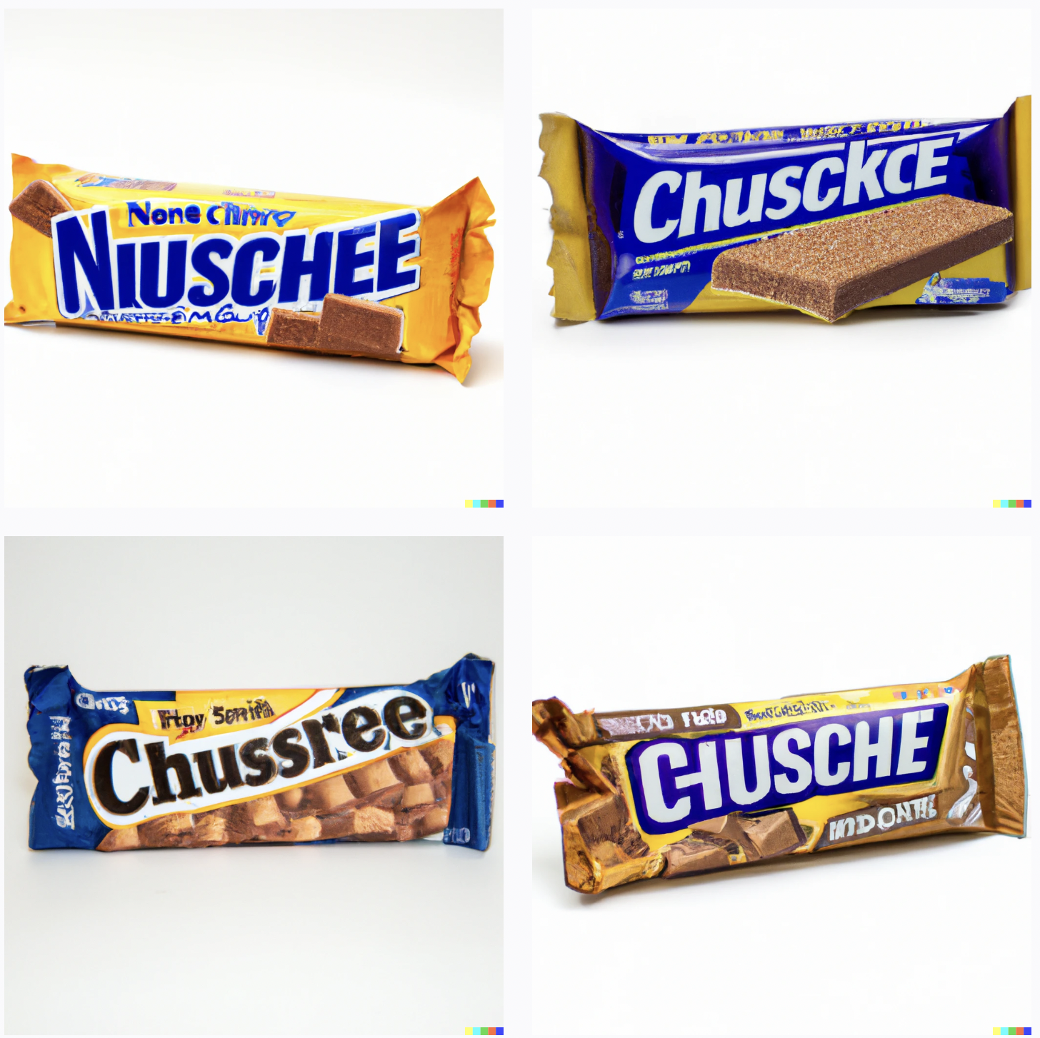 Wrapped candy bars showing airy or crumbled textures. Text reads "Nuischee", "Chusckce", "Chussree", and "Clusche"