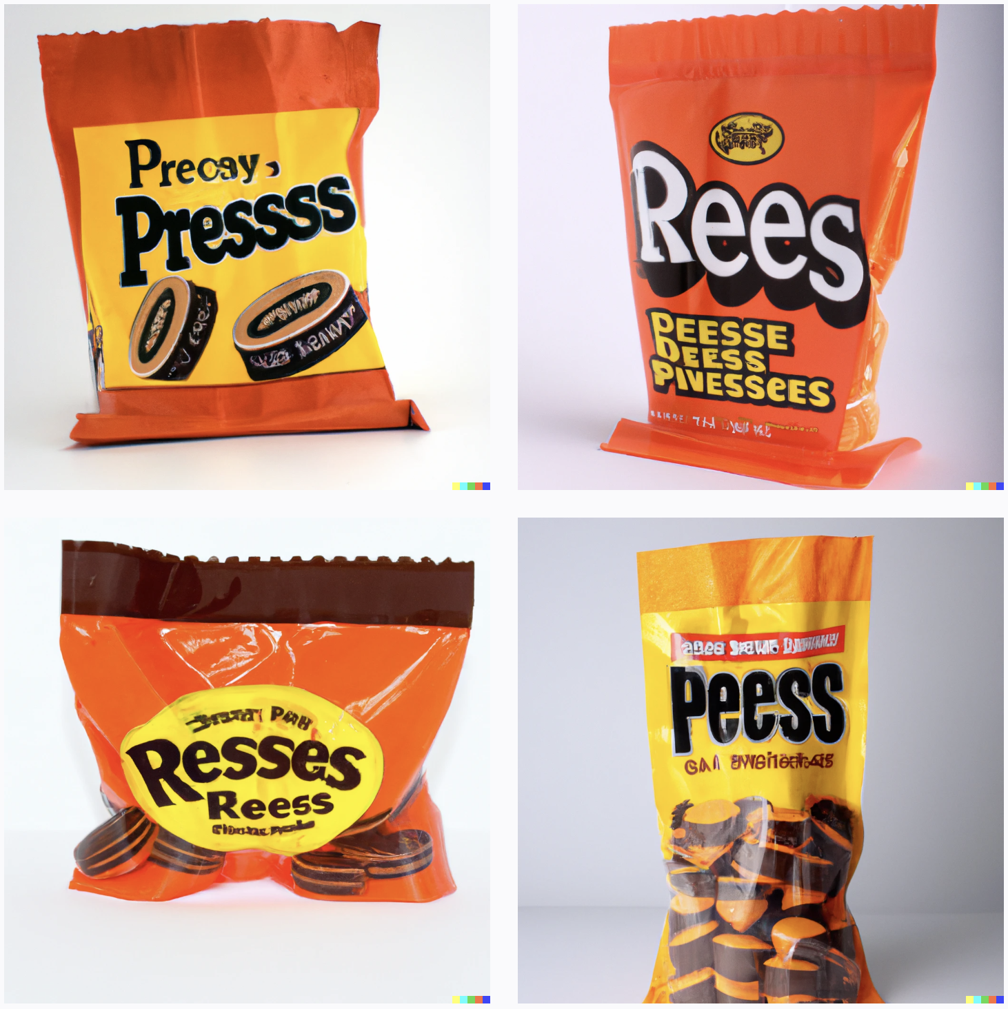 Bags in orange and yellow and brown, showing squat brown and tan cylinders. Labels read "Rees Peesse Deess Pivessees", and "Peess" and "Resses Reess" etc