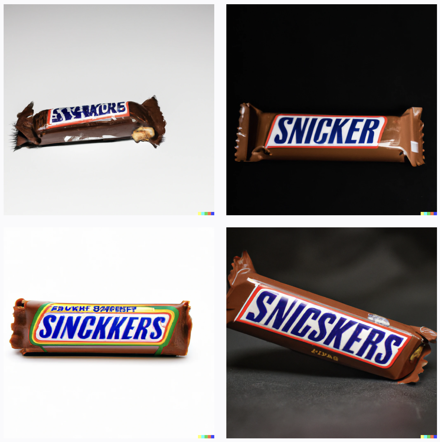 Reasonable approximations of the logo and color scheme of snickers bars, although the text reads "Snicskers" and "Sinckkers" and "Snicker"