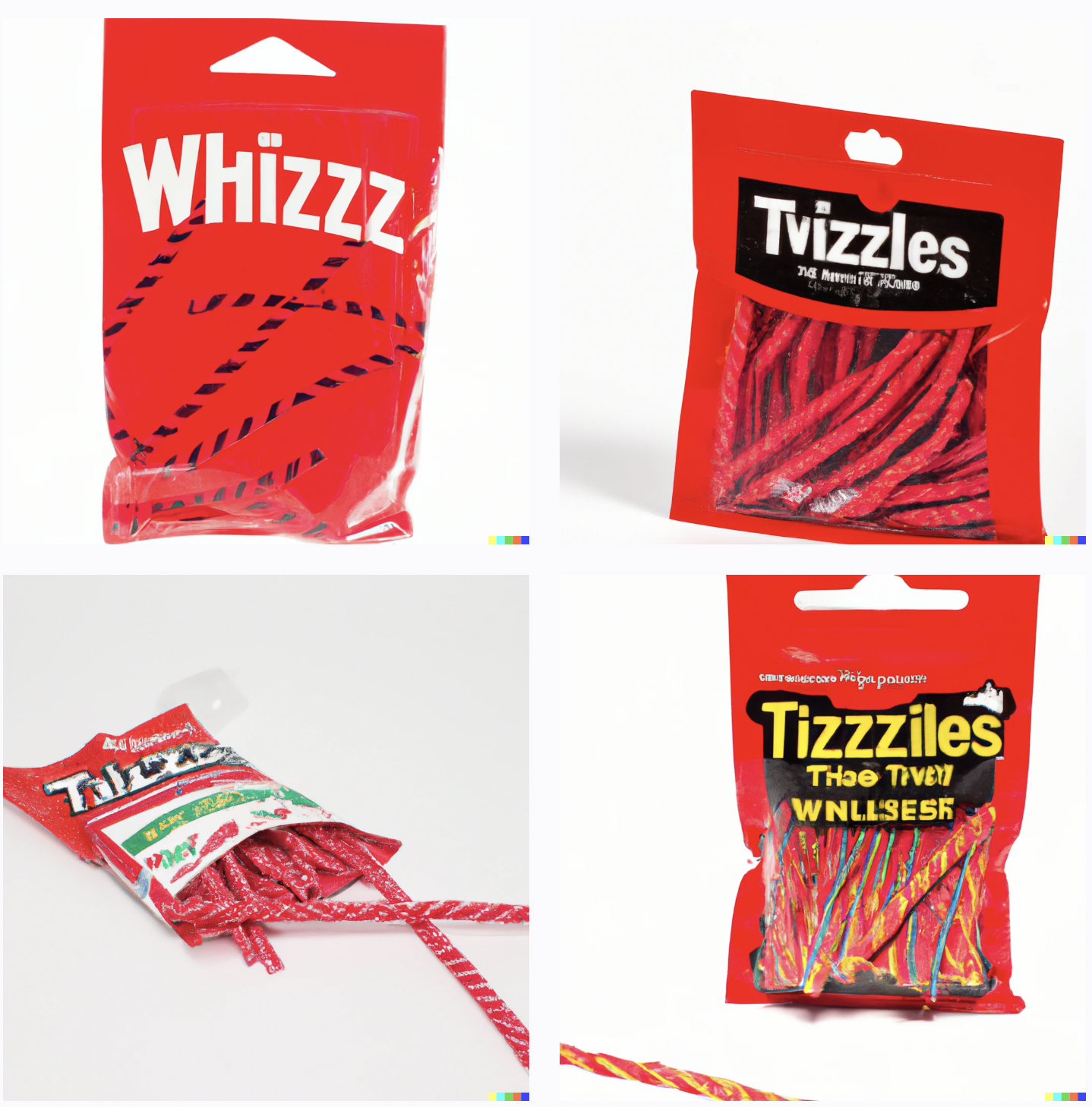 Red and black packages of twisted candy sticks, labeled "Whizzz", "Tvizzles", "Tizzziles"