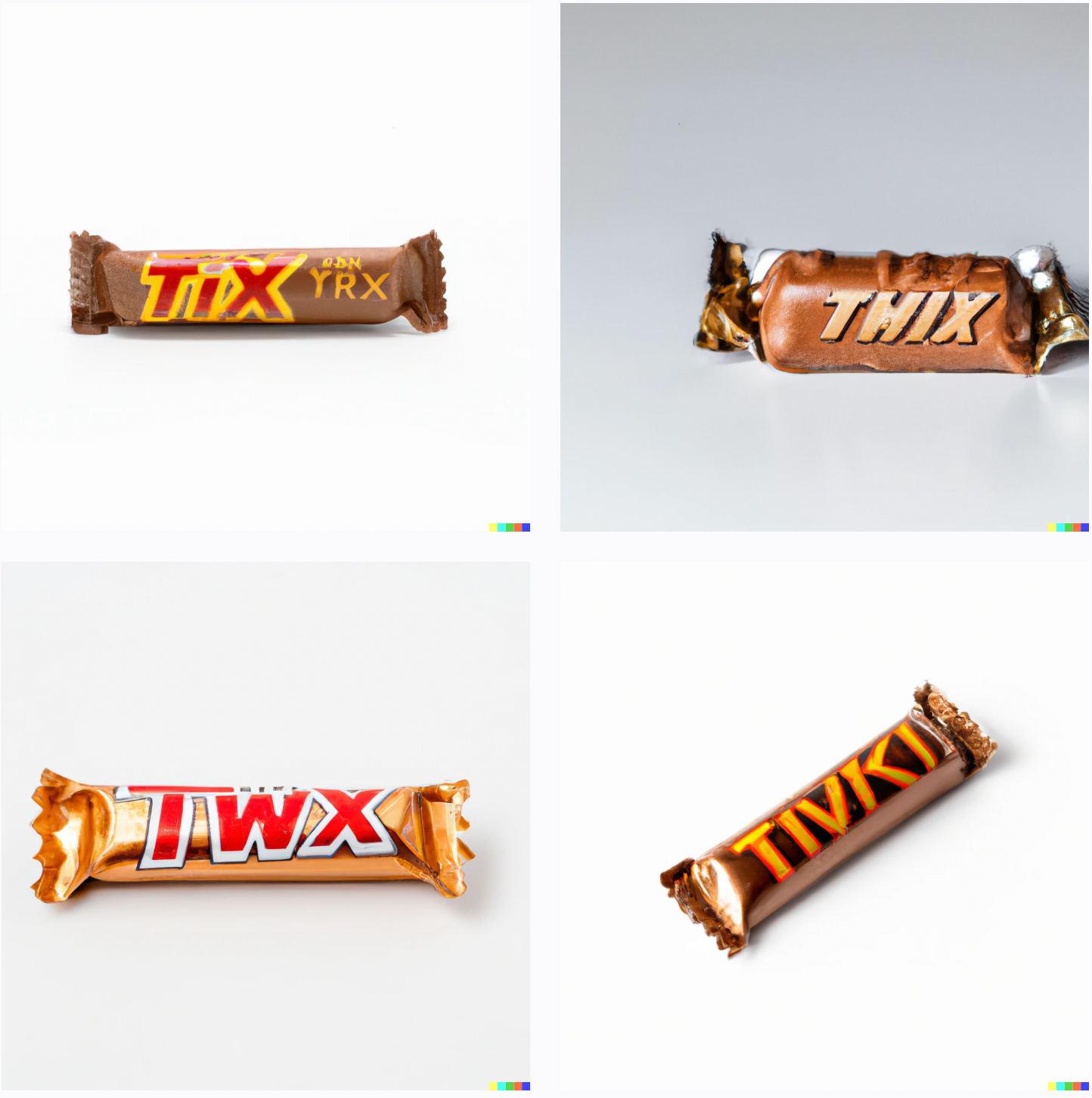 Four twix-sized candy bars labeled "Tix", "Twx", "Tivki", and "Thix"