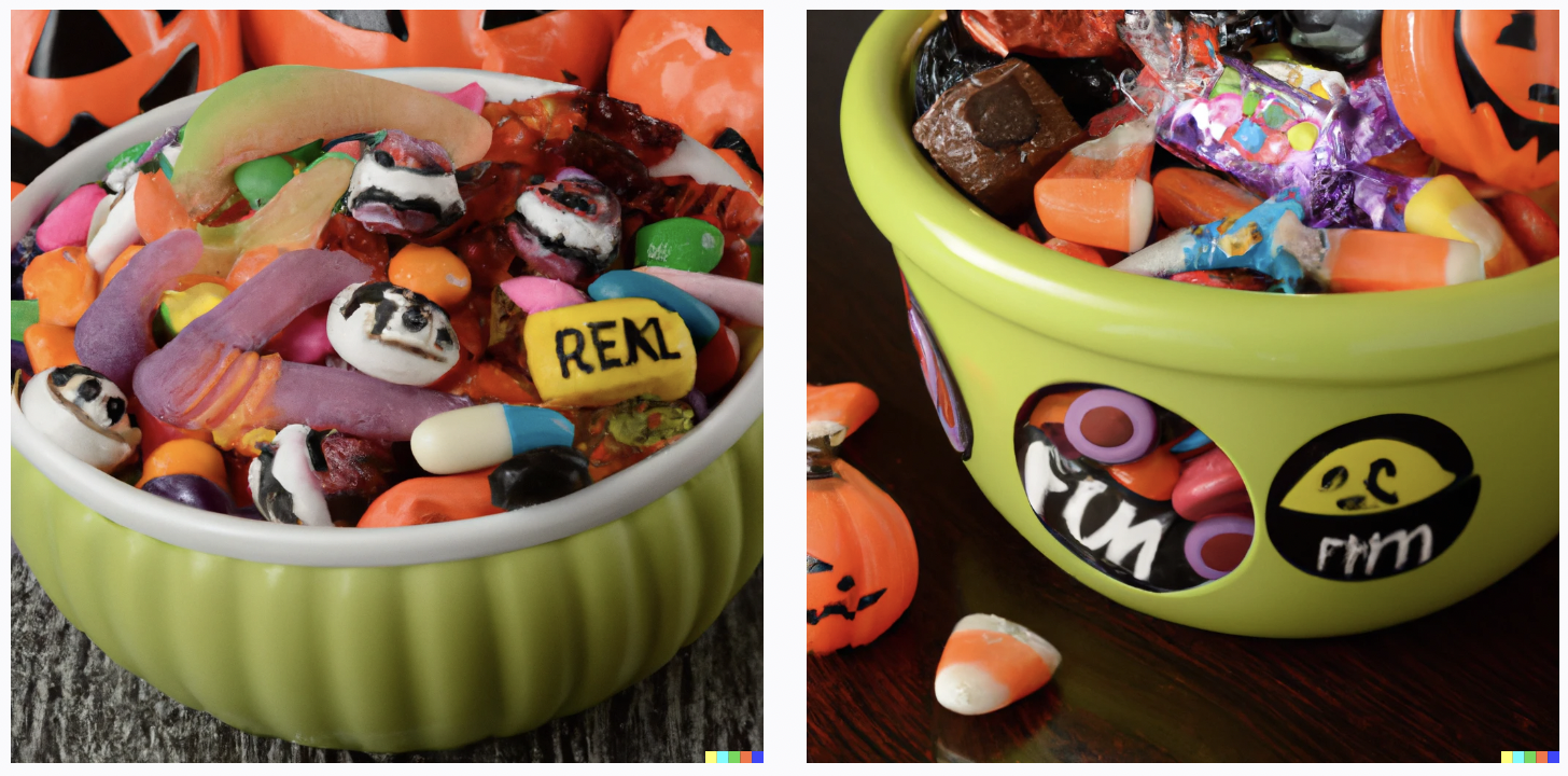 Two green bowls full of unwrapped gummy candies. The shapes are unidentifiable, except for one yellow square that reads "real" in black text.