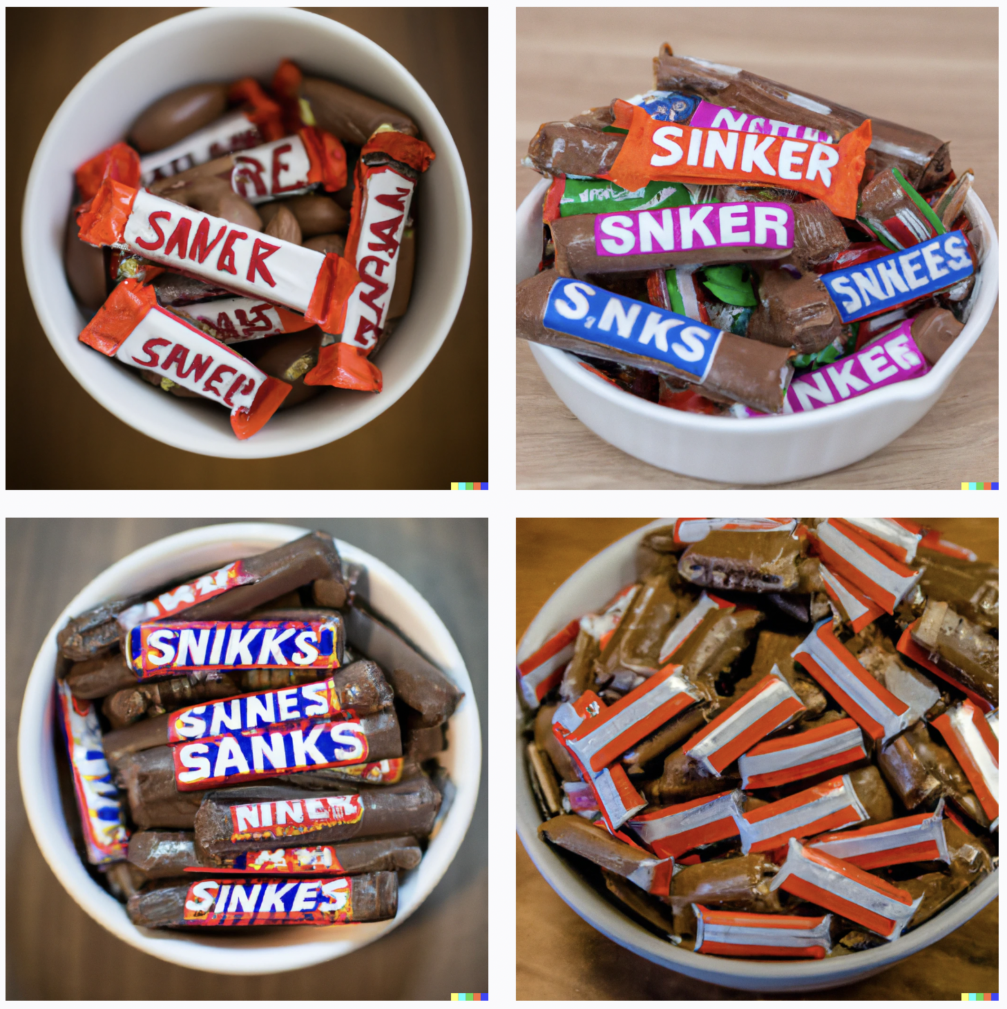 Bowls of candies, most of which are only partially wrapped. Some have labels, but they don't match the snickers color scheme, and say things like "Sinker", "Saner", "Snikks", and "Sanks".
