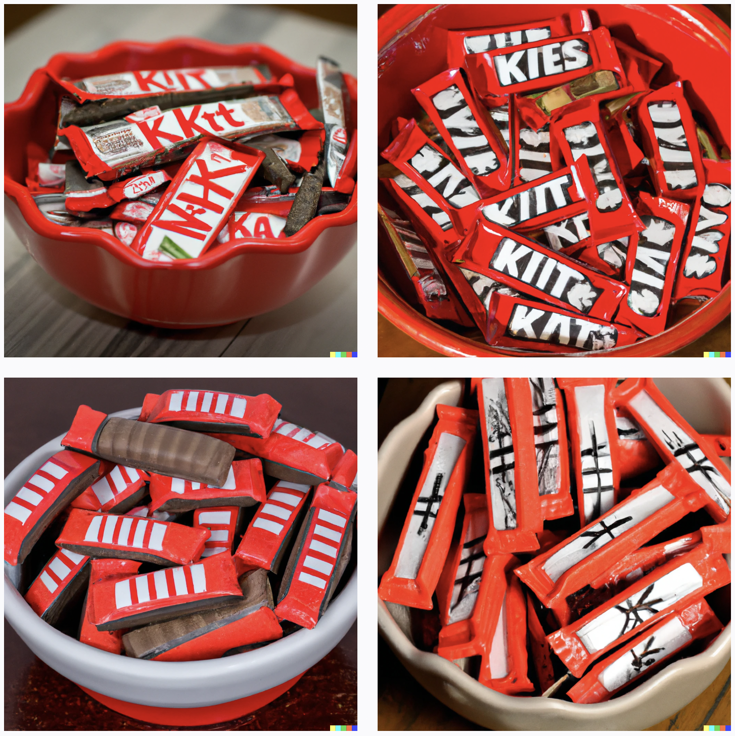 Bowls contain small red-wrapped candy bars, although some are partially unwrapped. Some say "Kiit" or "Kkit", while the candies in other bowls just have white bars or black lines on them.