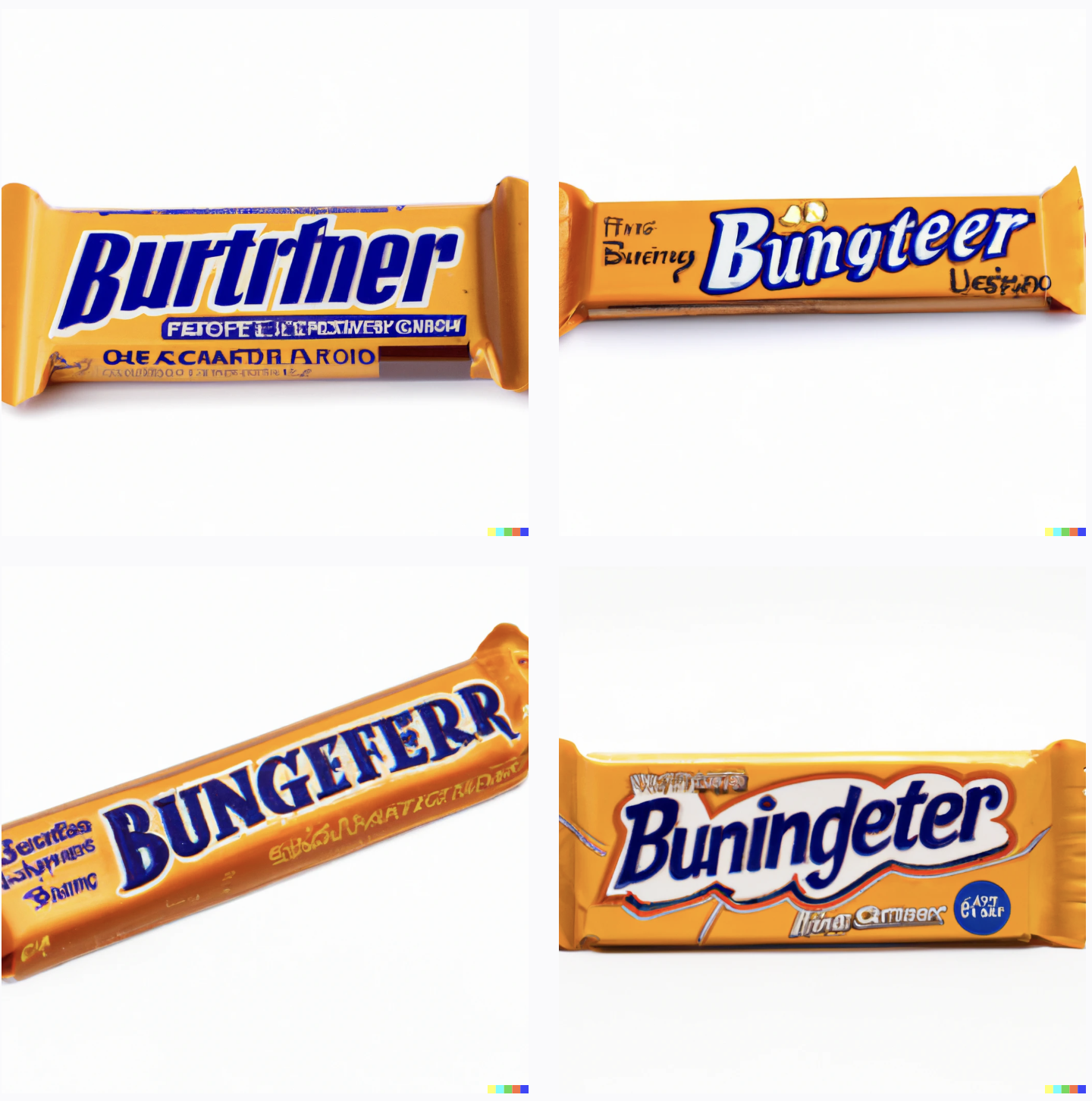 Yellow candy bars with blue lettering on them reading "Burtrfner", "Bungteer", "Bungeferr", and "Buningdeter"