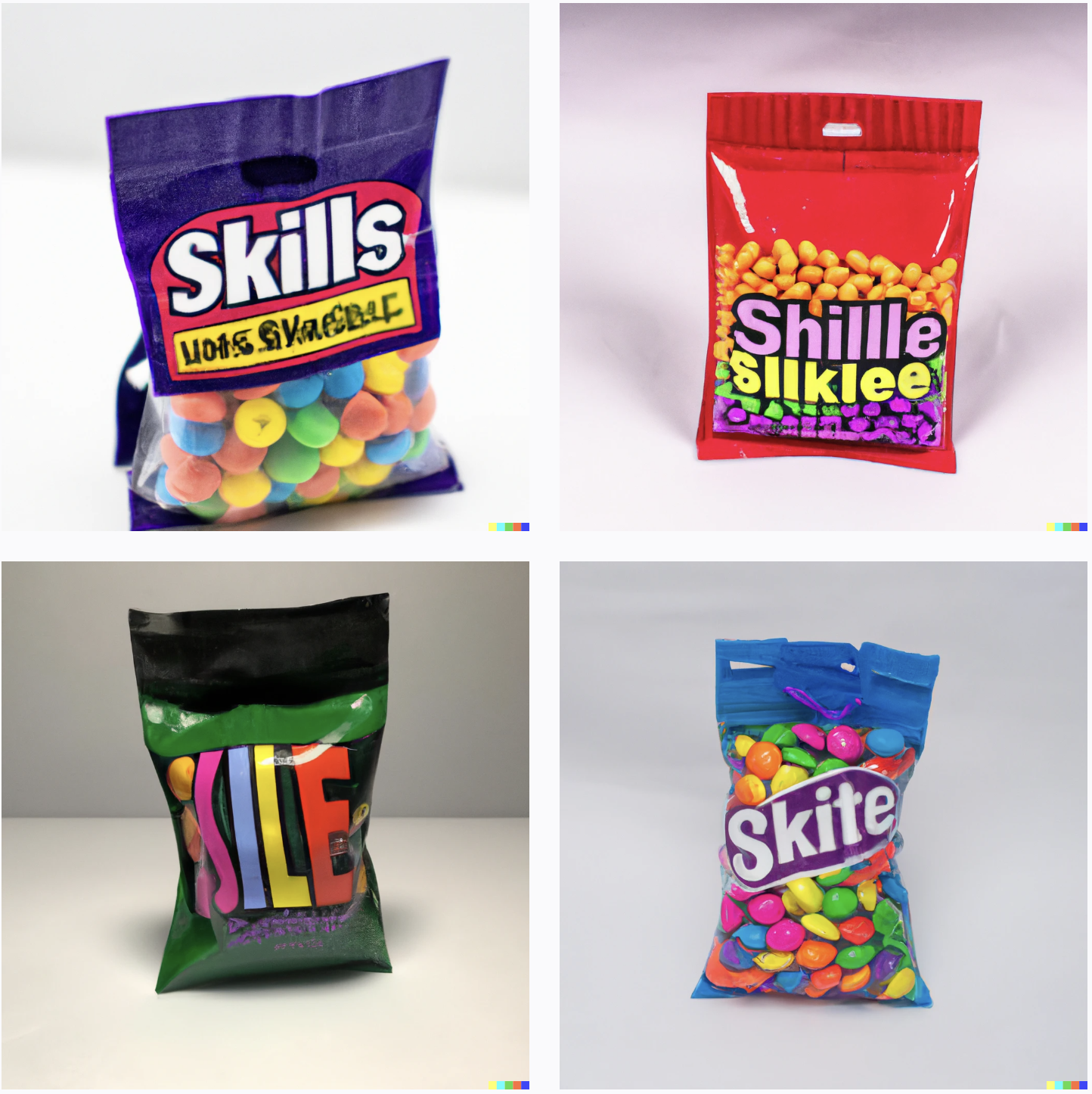 Bags of round candies, most of which are either much too large or much too small to be skittles. Labels read "Skills", "Sile", "Shillle", "Sllklee", and "Skite".