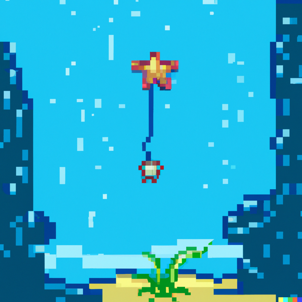 A starfish floats above the ocean floor between two rock cliffs, dangling a smaller sea creature on a blue string. The style is pixel art but upon closer inspection the resolution is much higher than the size of the "pixels" which are misshapen and misaligned.
