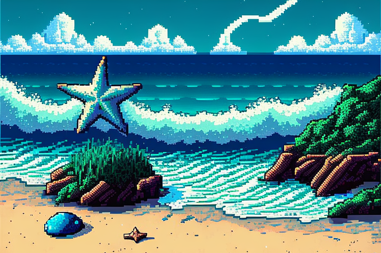 A starfish floats above a grass-covered rock on the beach as a long wave rolls in. The style is painterly pixel art, something like in a late 1990s point and click game, but even though some objects have blocky edges the pixels themselves are aliased and some are even rounded blobs.