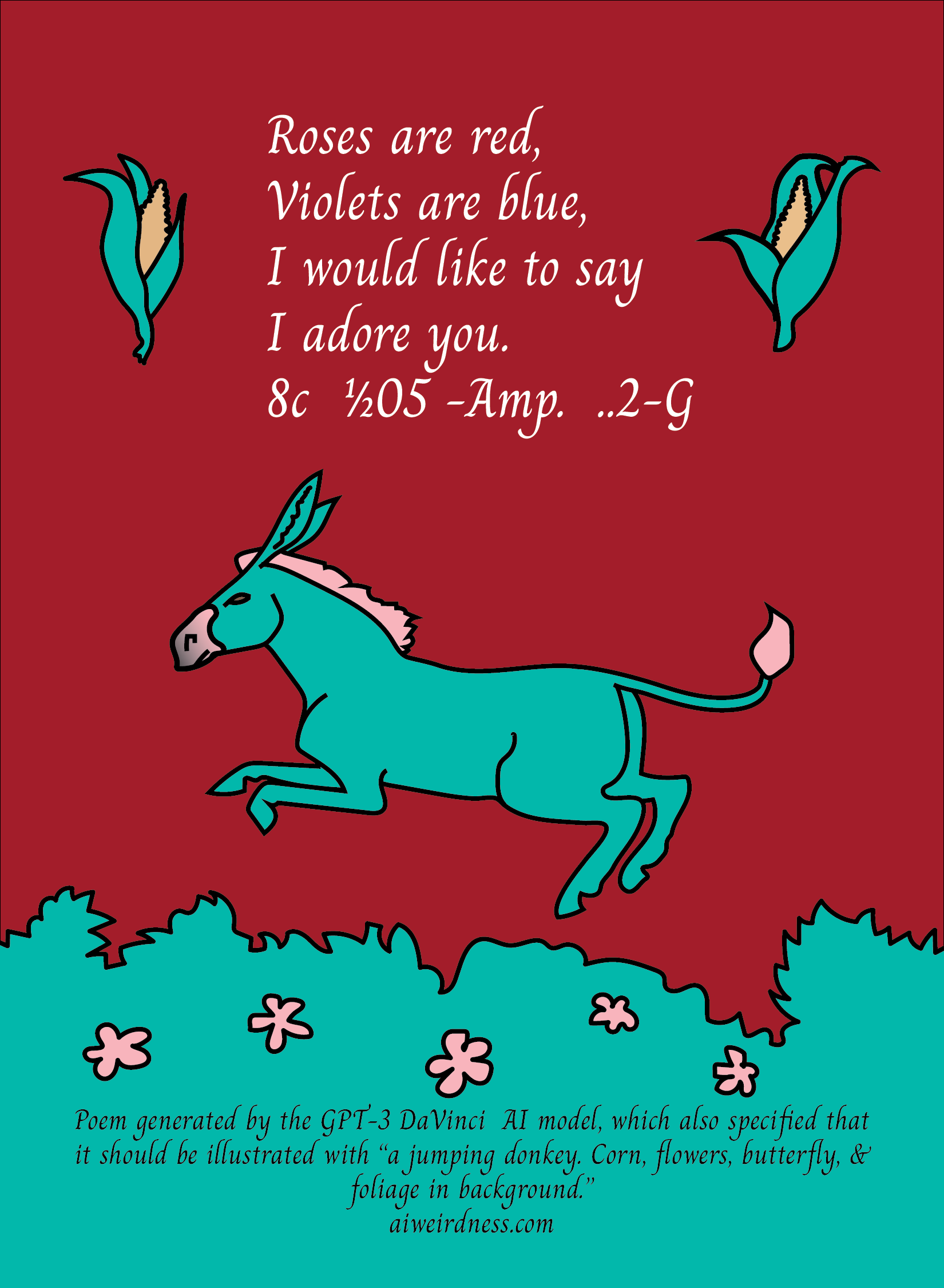 Roses are red, Violets are blue, I would like to say; I adore you. 8c  ½05 -Amp.  ..2-G. Illustration is of a jumping donkey.  Corn, flowers, butterfly, & foliage in background.