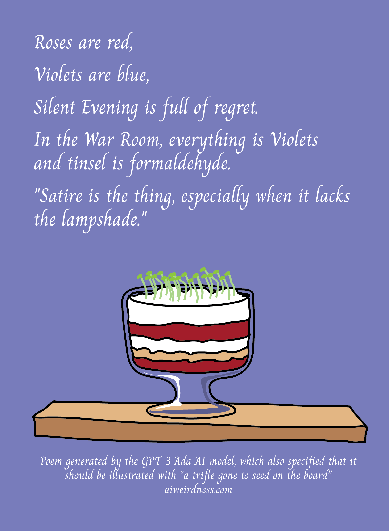 Roses are red, Violets are blue, Silent Evening is full of regret. In the War Room, everything is Violets and tinsel is formaldehyde. "Satire is the thing, especially when it lacks the lampshade."