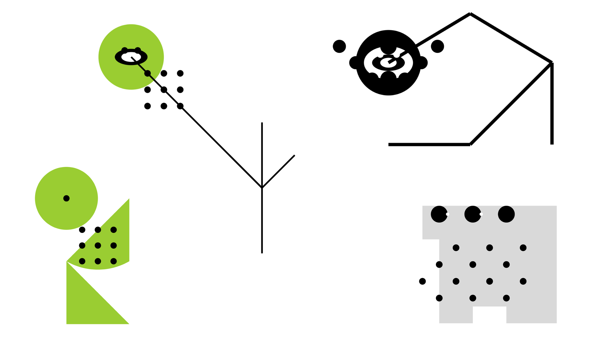 Four angular spotted shapes in green, black, and grey. Two might have froglike gaping mouths on their long stick necks, while the other two are even more abstract.
