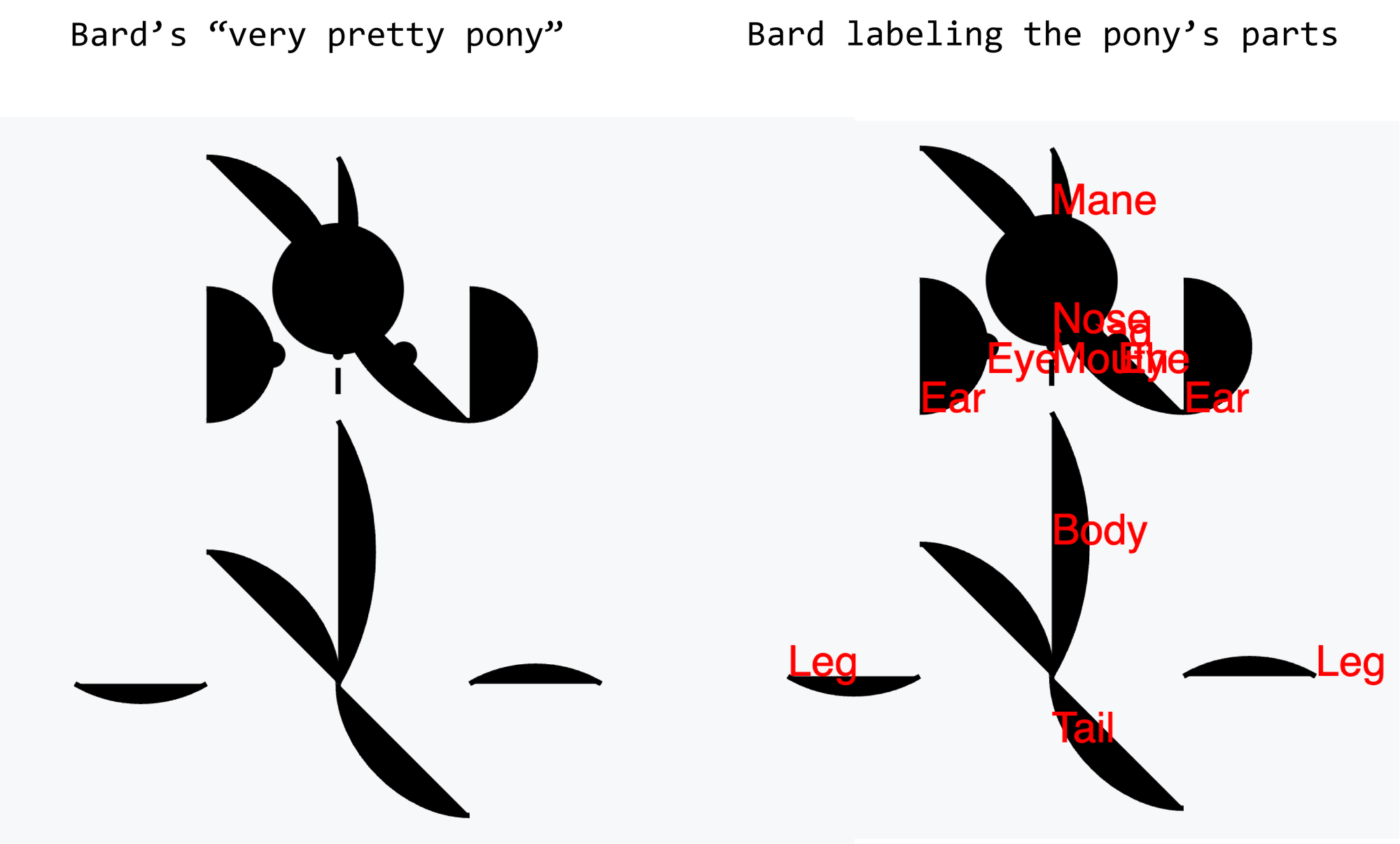 A series of circles, semicircles, and circle chords labeled with the body parts of a horse. The body parts are in approximately the right position (ears on either side of eyes and nose and above body) but the pieces labeled bear no resemblance to the size or shape of a horse.