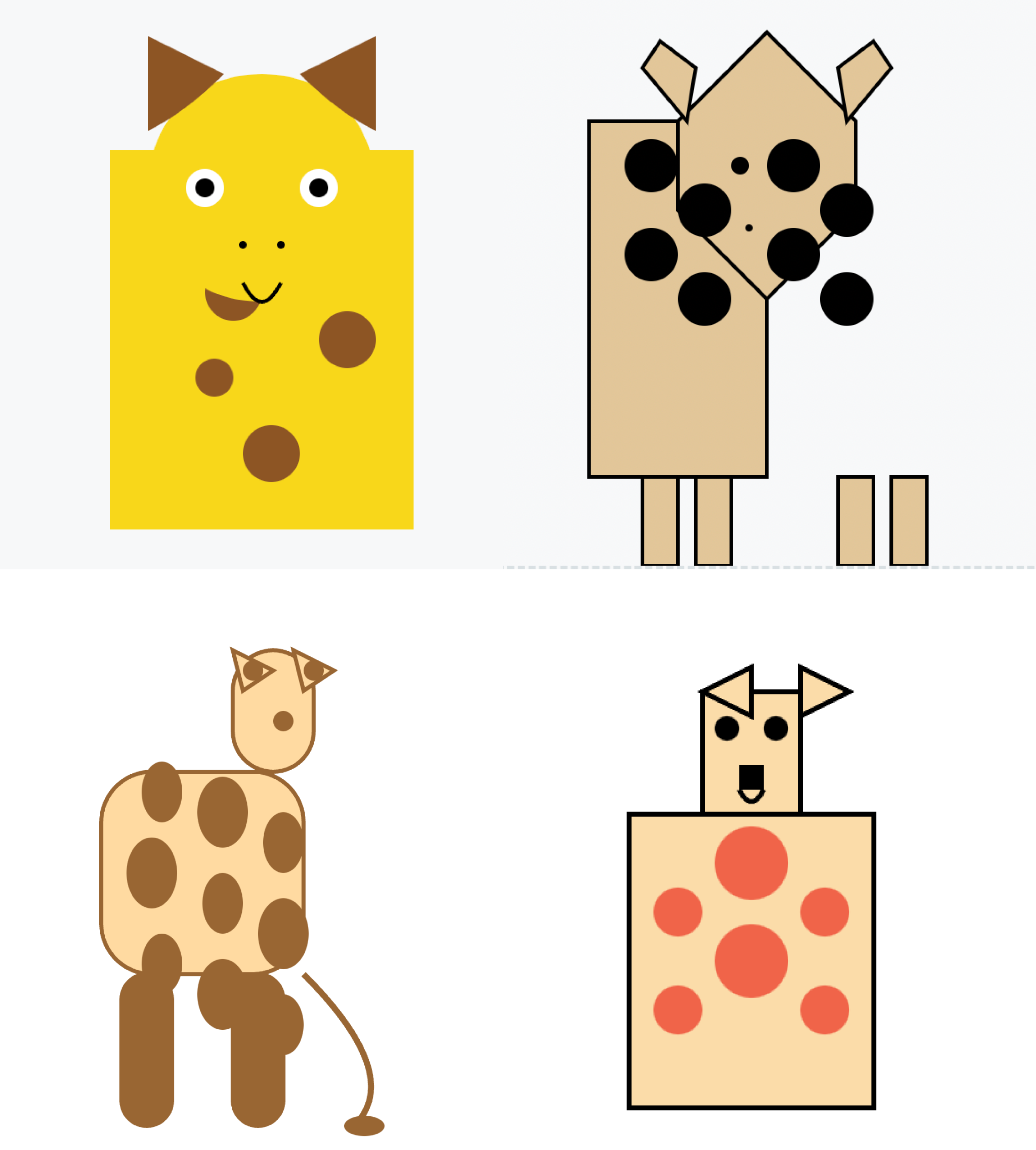 Four rectangles, each with heads of some sort on top. They all have spots, but the spots sometimes drift outside the body and the heads are so abstract they're recognizable only by their placement. One "giraffe" looks like it's pooping and peeing, but those are evidently its spots and tail.