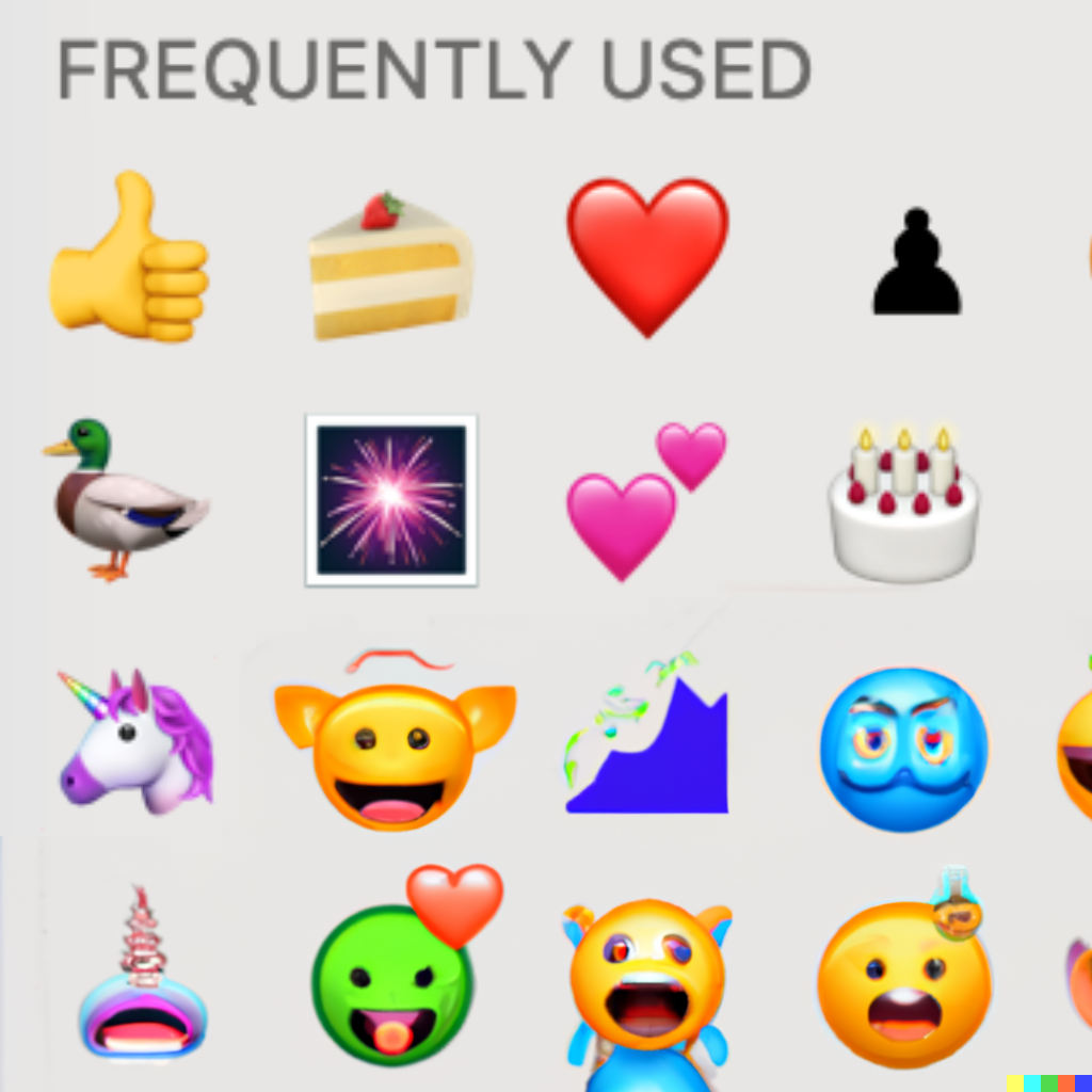 THe 1st two rows are normal emoji, a thumbs-up, some cakes, a unicorn, some hearts. The last two rows have yelling face emoji, one blue emoji that's all eyes, and some kind of increasing trend graph. Also there is is some kind of raindrop orb with a unicorn horn.