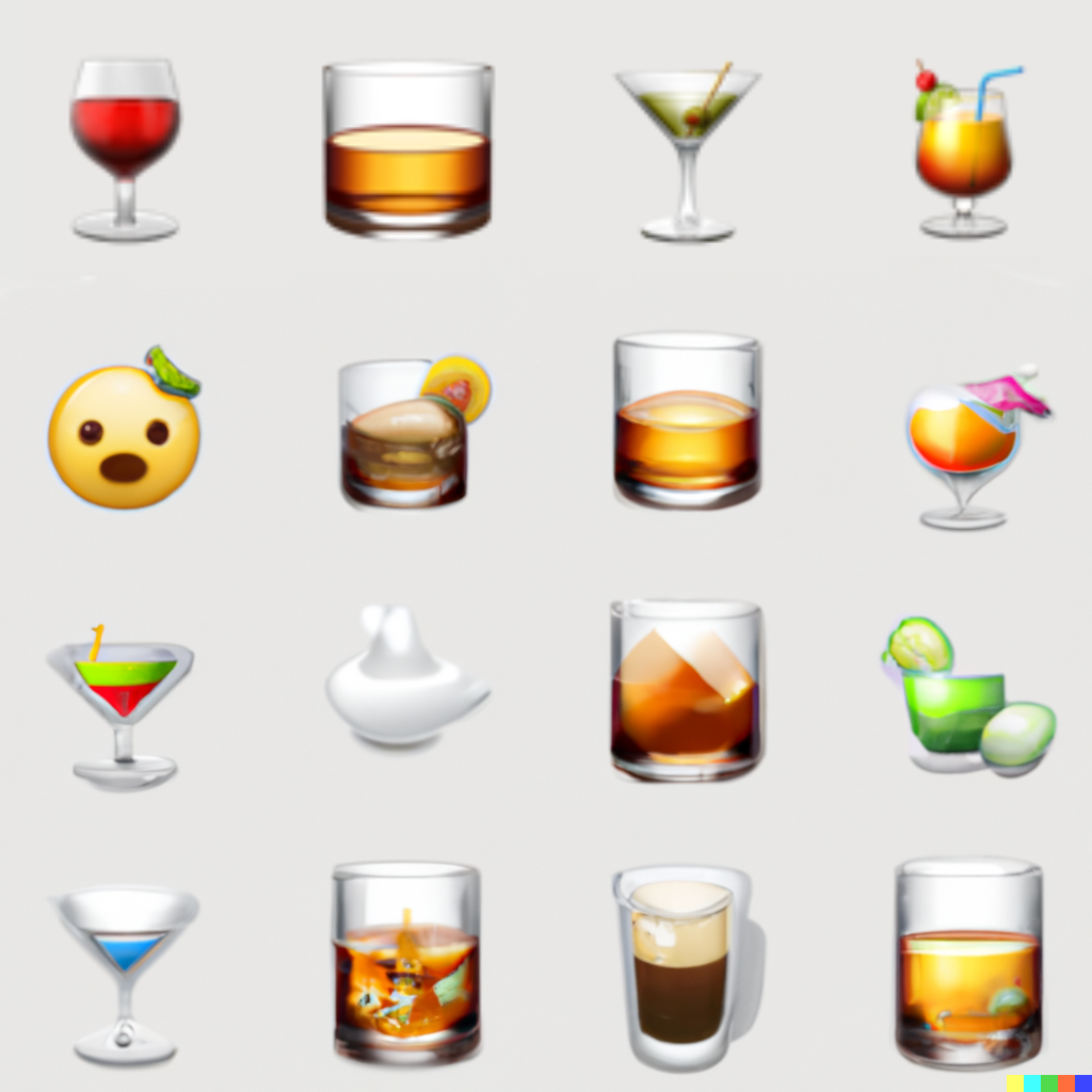 Top row are a wine glass, squat tumbler, martini glass, and fancy tropical drink. The AI-generated additions include a tropical drink with umbrella, several repeats of the tumbler but with very weird ice, and two martini glasses with intriguing colors of liquids.