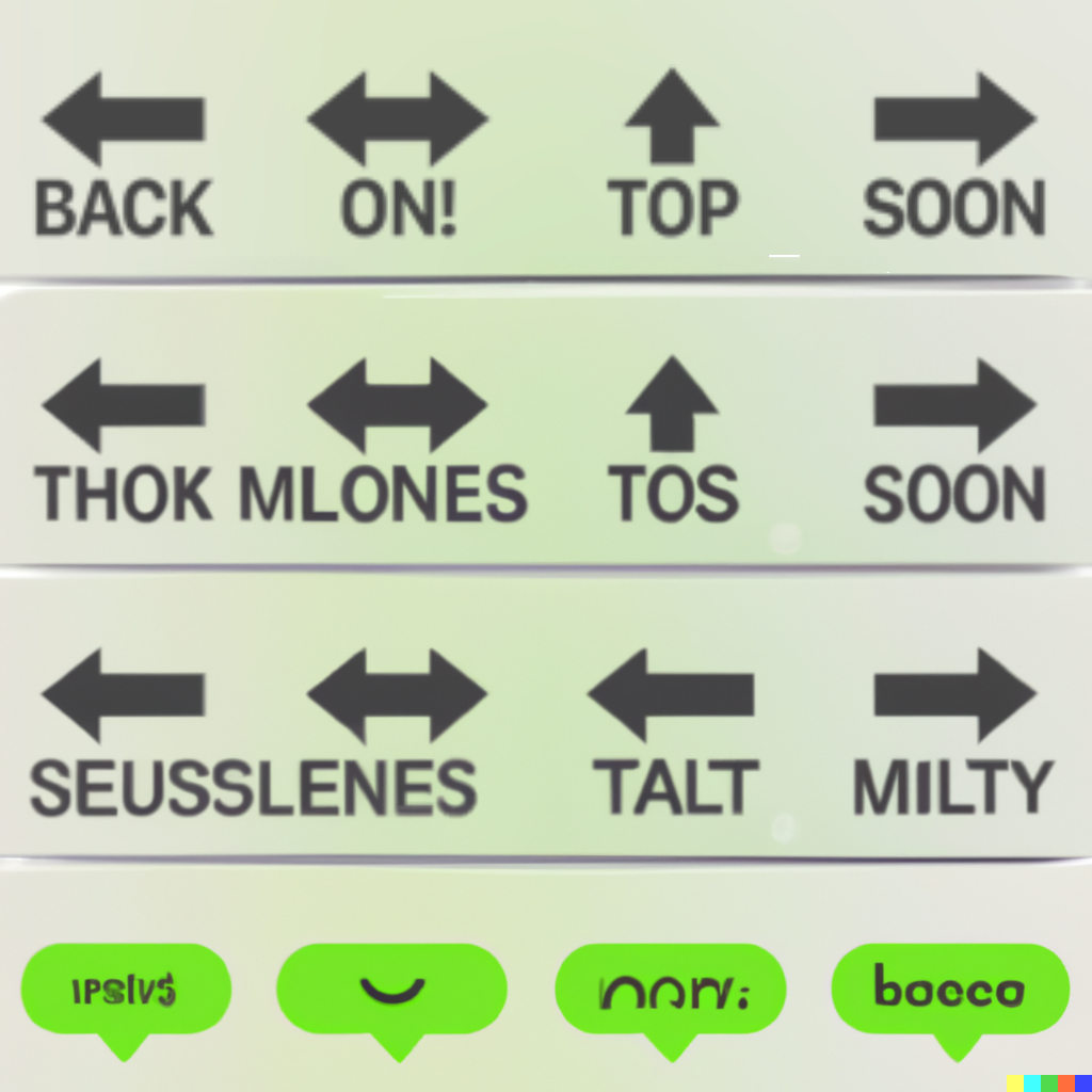 1st row are arrows with messages reading "back", "on", and "soon". The next two have arrows, but the messages say things like Thok, Mlones, Tos, Seusslenes, Talt, and Milty.