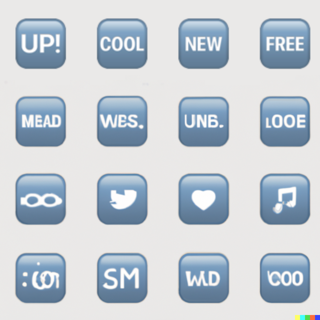 The 1st row are buttons that say UP!, Cool, New, and Free. The other rows have messages like Mead, Wes, Coo, and Looe, or else icons of hearts, music notes, and swim goggles.