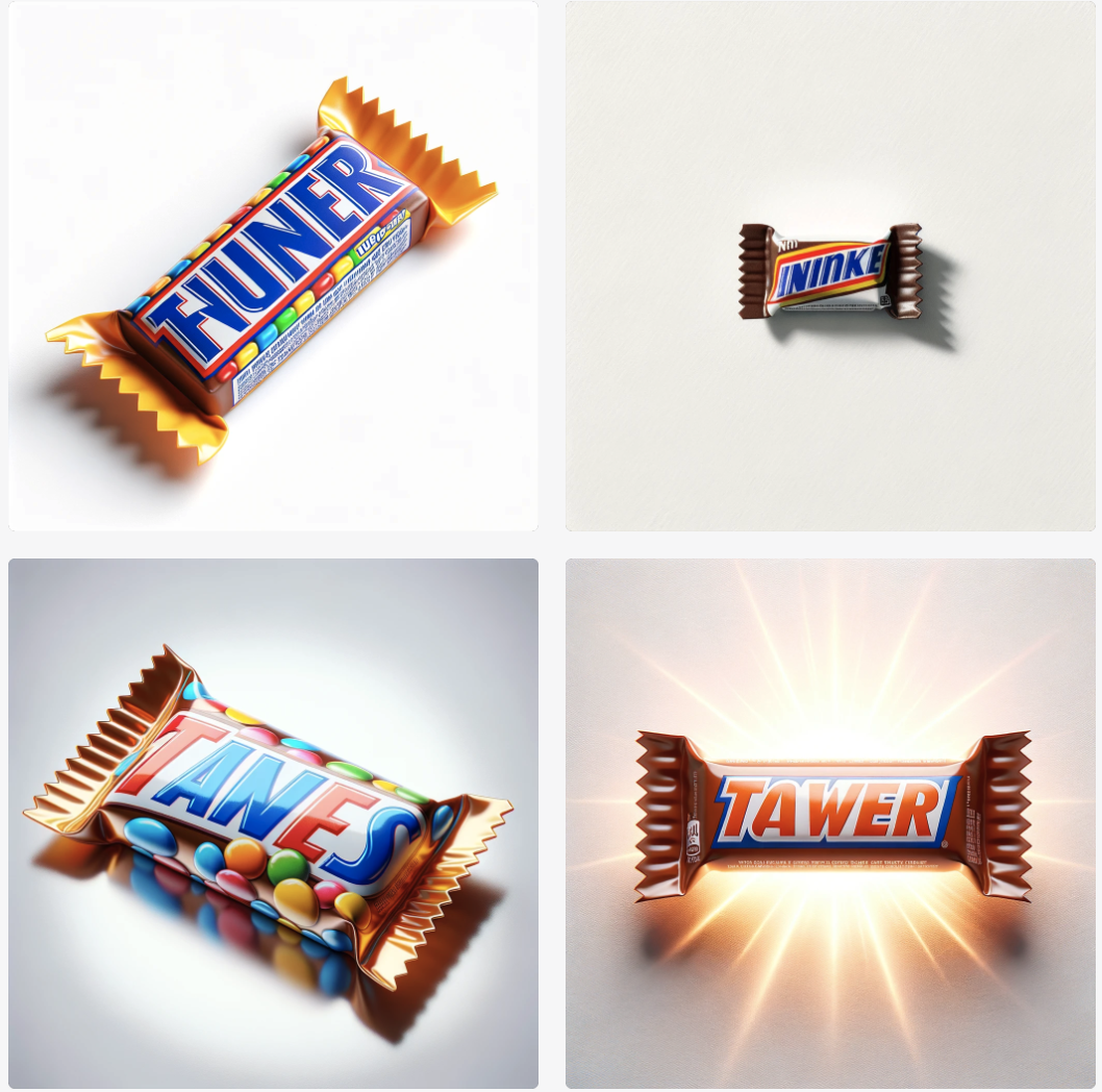 Single very shiny rectangular candies in wrappers, with the following names: Thuner, Ininke, Tanes, and Tawer.