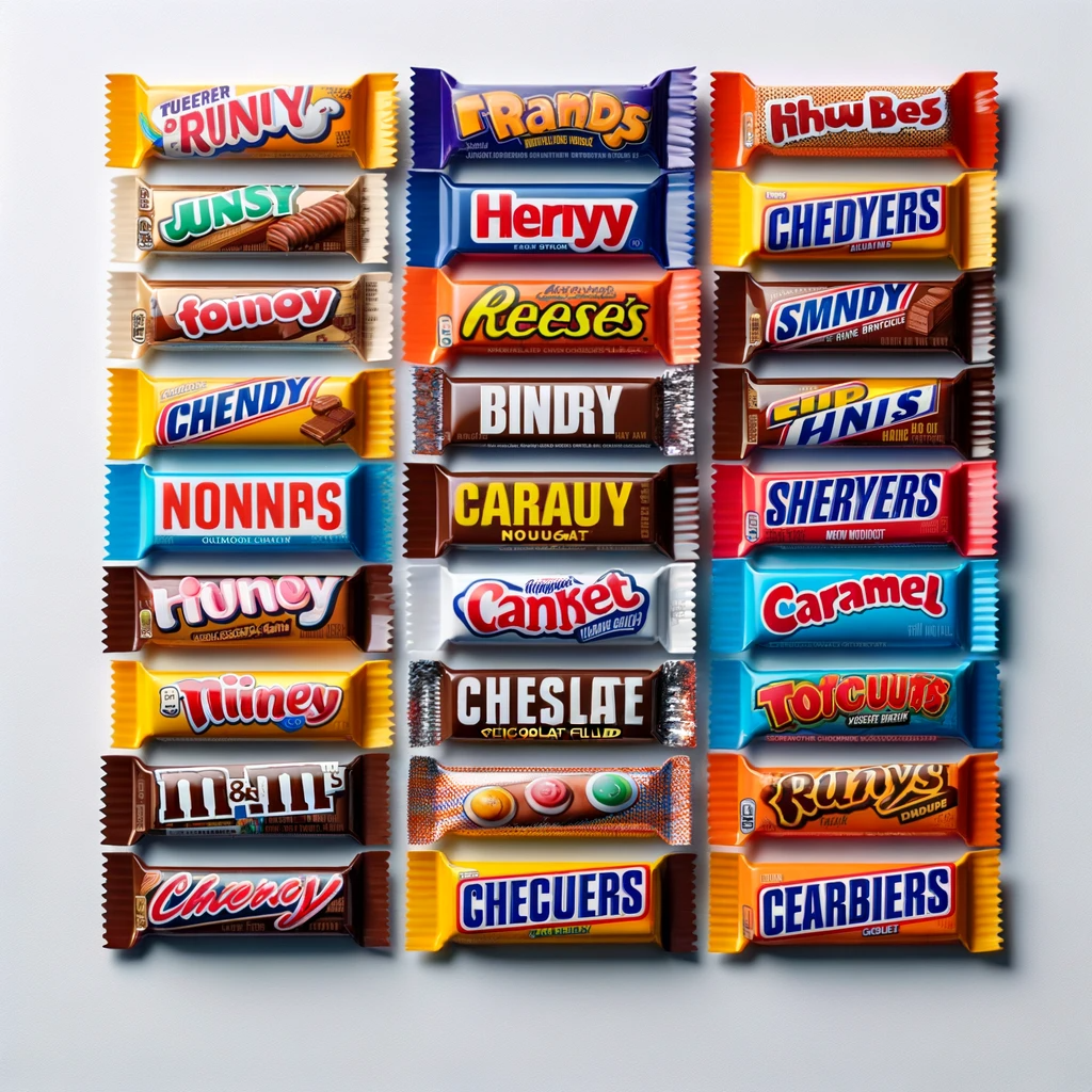 A grid of AI-generated candy bars with logos such as: Cheslate, Sheryers, Smdy, Frands, Canket, Nonnas