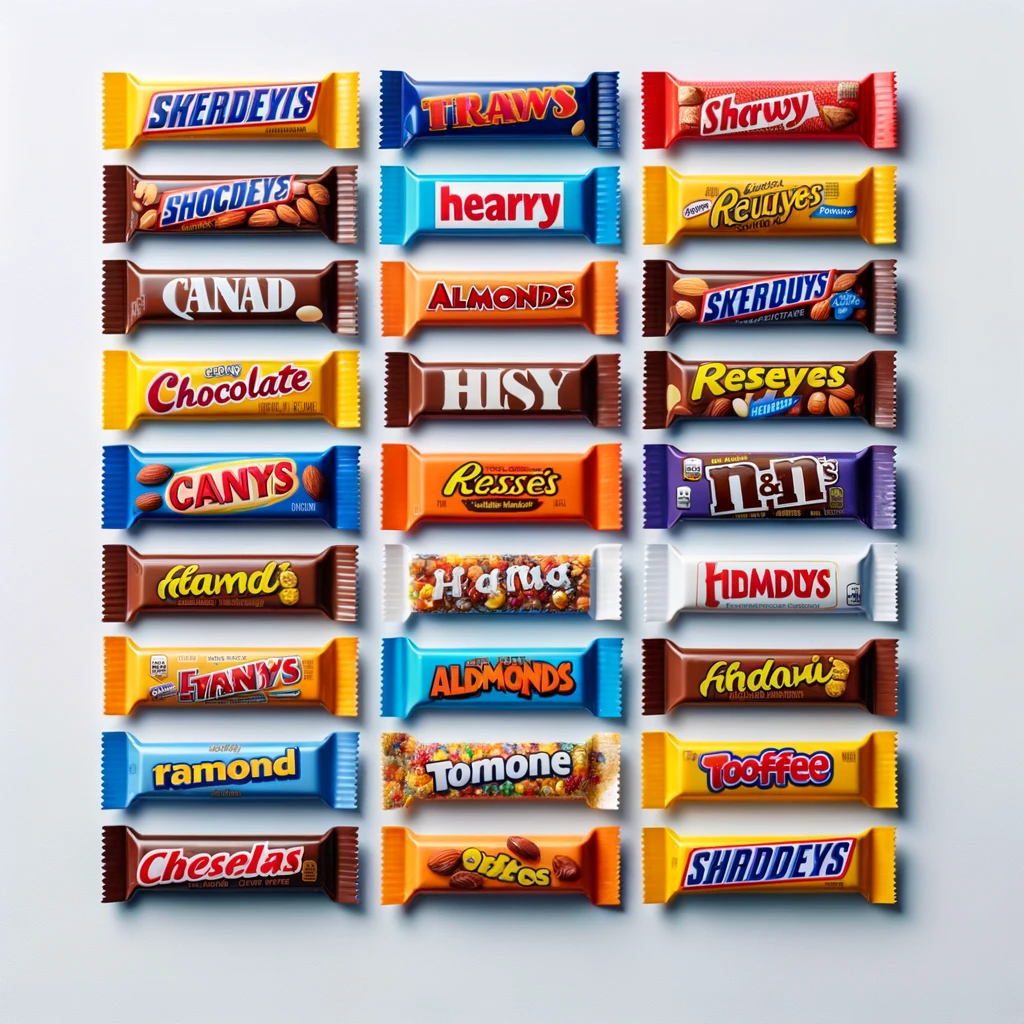 AI-generated candy bars with very candy bar like text that reads things like: Sherdeyis, Traws, Sharwy, Hearry, Skerduys, Aldmonds, Tooffee, Shaddeys, Ramond, and N&N's
