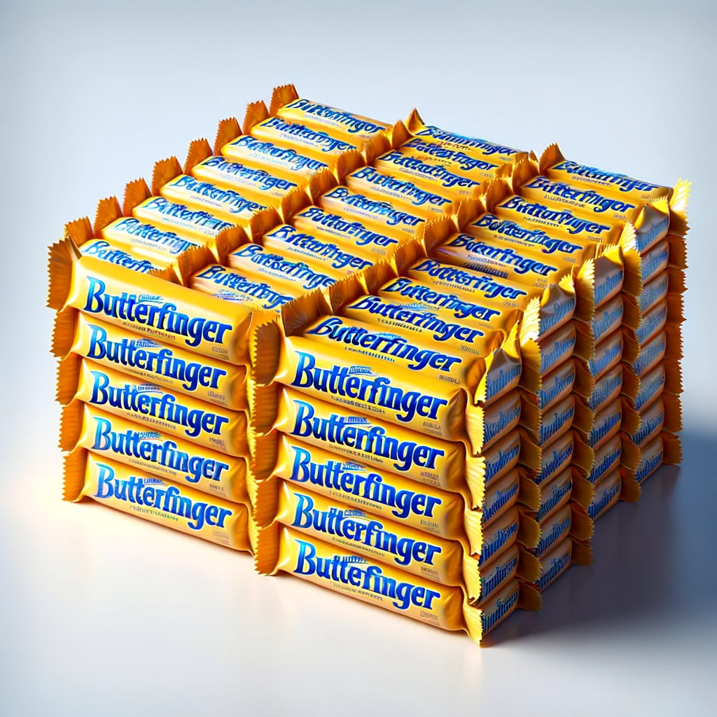 A massive stack of full-sized butterfinger bars that sort of morph into each other as if they are a solid mass. The ones toward the back have mostly illegible text.
