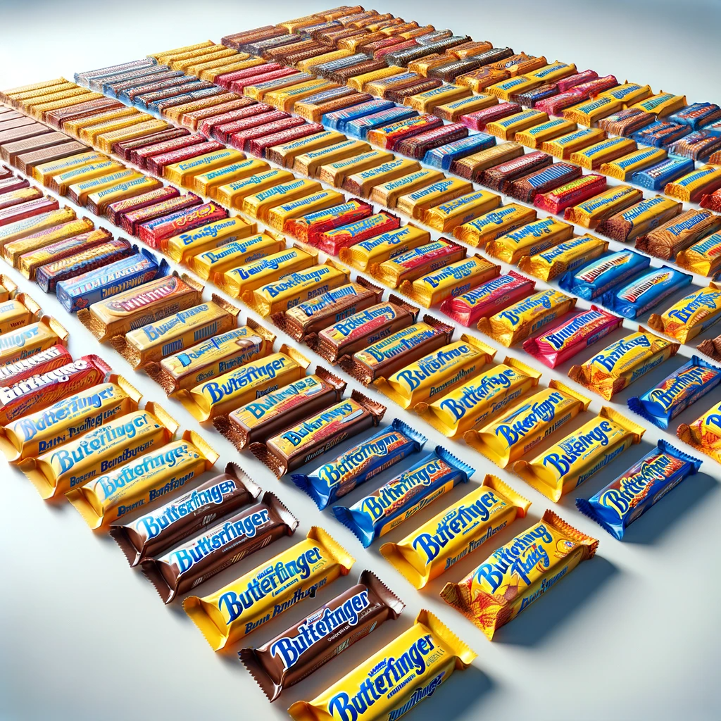 A bunch of mini butterfinger bars in various colors, with most of their text garbled and illegible, although the frontmost few aren't bad.