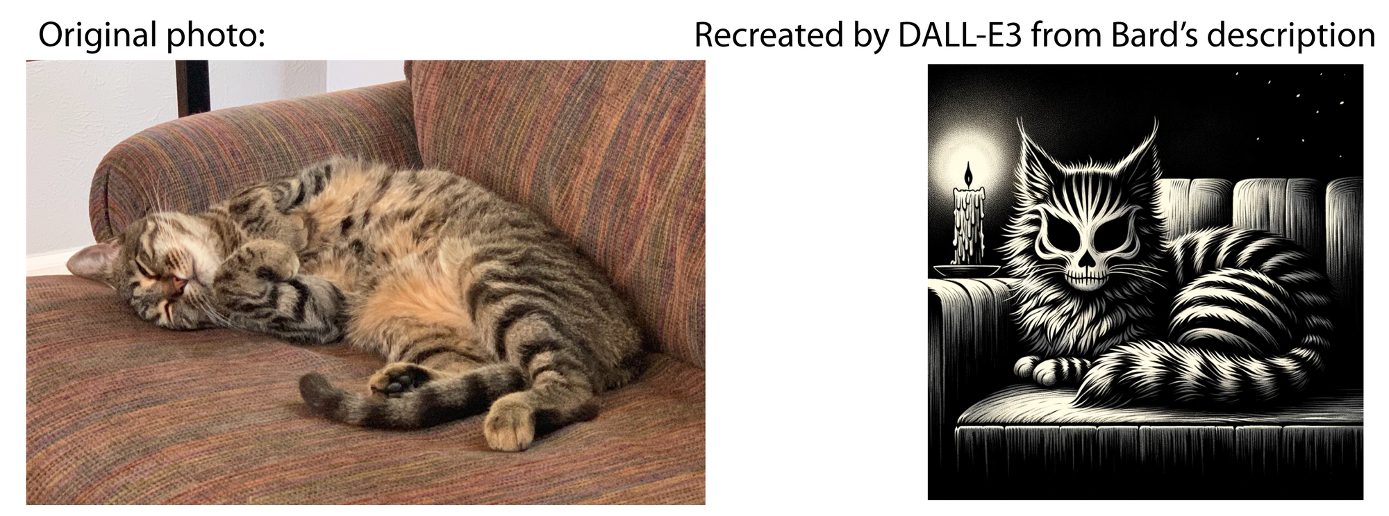 Left: A striped brown tabby cat sleeping on its back on a purplish couch, with its paws tucked up in front of its chest. There are no other parts of the room visible. Right: Recreated by DALL-E3 from Bard's description. It's a black and white drawing of a striped cat with a skull-patterned face, lit by the flame of a single candle.