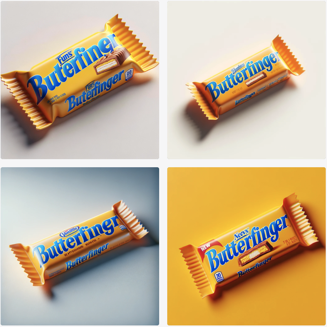 Weirdly smooth and perfect butterfinger bars, mostly spelled correctly, although two of them have their g and e merged.