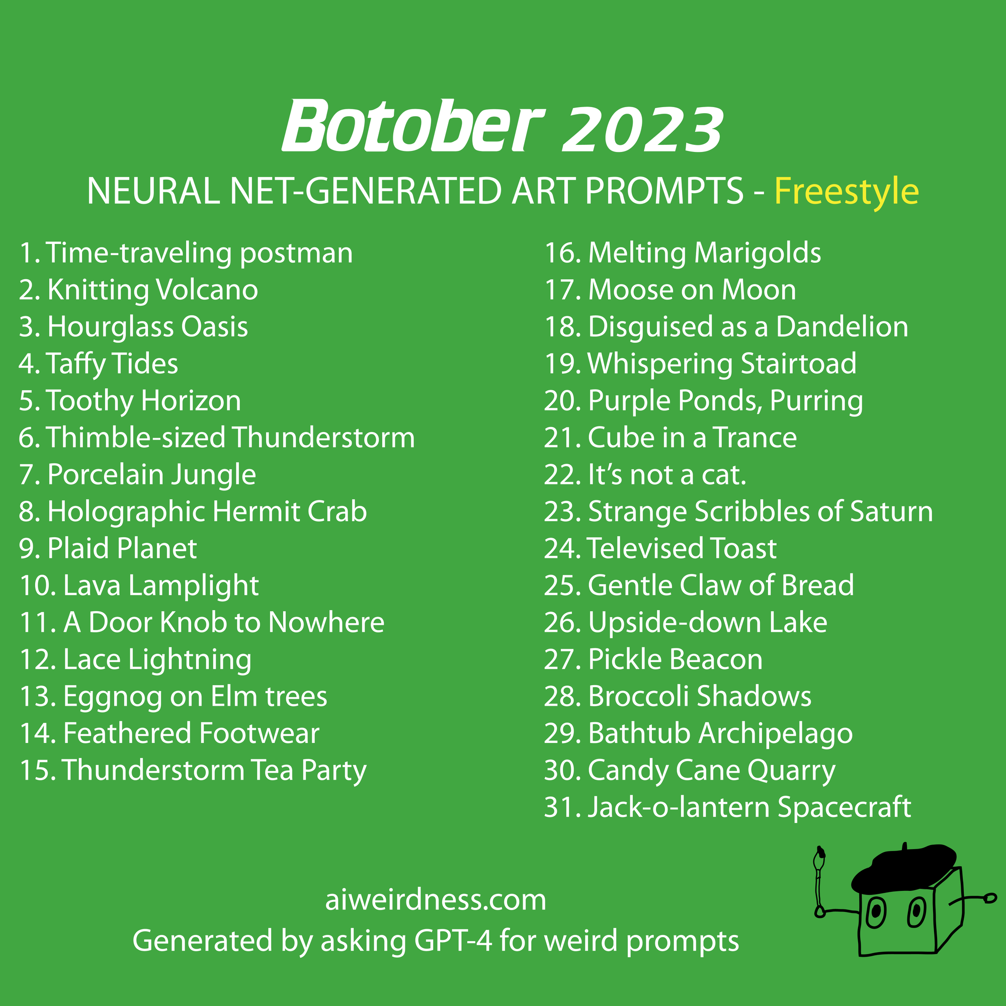 1. Time-traveling postman 2. Knitting Volcano 3. Hourglass Oasis 4. Taffy Tides 5. Toothy Horizon 6. Thimble-sized Thunderstorm 7. Porcelain Jungle 8. Holographic Hermit Crab 9. Plaid Planet 10. Lava Lamplight 11. A Door Knob to Nowhere 12. Lace Lightning 13. Eggnog on Elm trees 14. Feathered Footwear 15. Thunderstorm Tea Party 16. Melting Marigolds 17. Moose on Moon 18. Disguised as a Dandelion 19. Whispering Stairtoad 20. Purple Ponds, Purring 21. Cube in a Trance 22. It’s not a cat. 23. Strange Scribbles of Saturn 24. Televised Toast 25. Gentle Claw of Bread 26. Upside-down Lake 27. Pickle Beacon 28. Broccoli Shadows 29. Bathtub Archipelago 30. Candy Cane Quarry 31. Jack-o-lantern Spacecraft