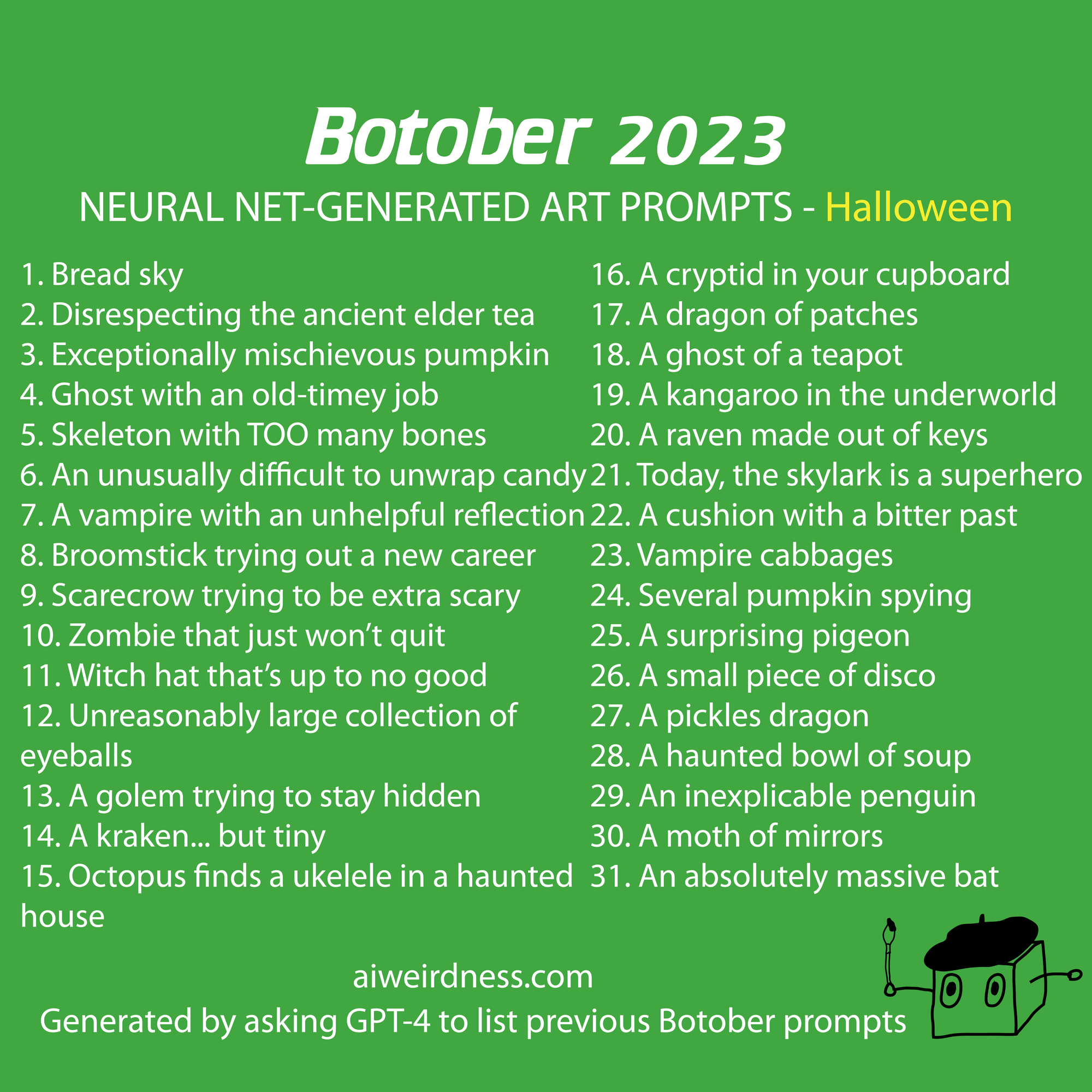 1. Bread sky 2. Disrespecting the ancient elder tea 3. Exceptionally mischievous pumpkin 4. Ghost with an old-timey job 5. Skeleton with TOO many bones 6. An unusually difficult to unwrap candy 7. A vampire with an unhelpful reflection 8. Broomstick trying out a new career 9. Scarecrow trying to be extra scary 10. Zombie that just won’t quit 11. Witch hat that’s up to no good 12. Unreasonably large collection of eyeballs 13. A golem trying to stay hidden 14. A kraken... but tiny 15. Octopus finds a ukelele in a haunted house 16. A cryptid in your cupboard 17. A dragon of patches 18. A ghost of a teapot 19. A kangaroo in the underworld 20. A raven made out of keys 21. Today, the skylark is a superhero 22. A cushion with a bitter past 23. Vampire cabbages 24. Several pumpkin spying 25. A surprising pigeon 26. A small piece of disco 27. A pickles dragon 28. A haunted bowl of soup 29. An inexplicable penguin 30. A moth of mirrors 31. An absolutely massive bat