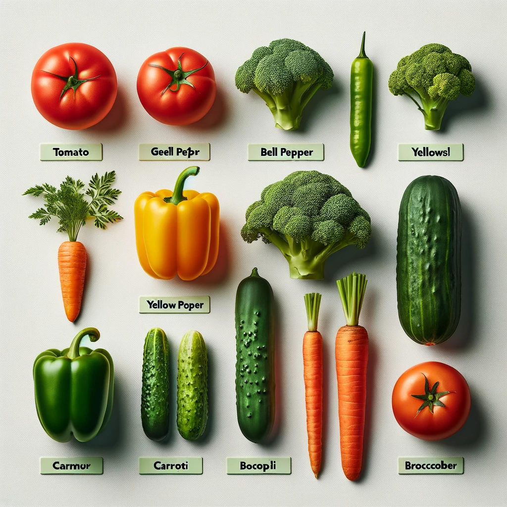 It's a set of vegetables on a plain white background. The vegetables look plausibly photorealistic, but their labels are mostly wrong and often hilariously misspelled. A tomato is labeled "Geel Pepr", a Broccoli is labeled "Bell Pepper" and another is labeled "Yellowsl". A yellow pepper is almost labeled correctly but it says Poper instead of pepper. The last row is the worst: A green pepper labeled Carnnur, a pair or cucumbers labeled "Carroti", a larger cucumber labeled "Bocopli" and a tomato labeled Brocccober. At the upper left a single tomato is labeled correctly.