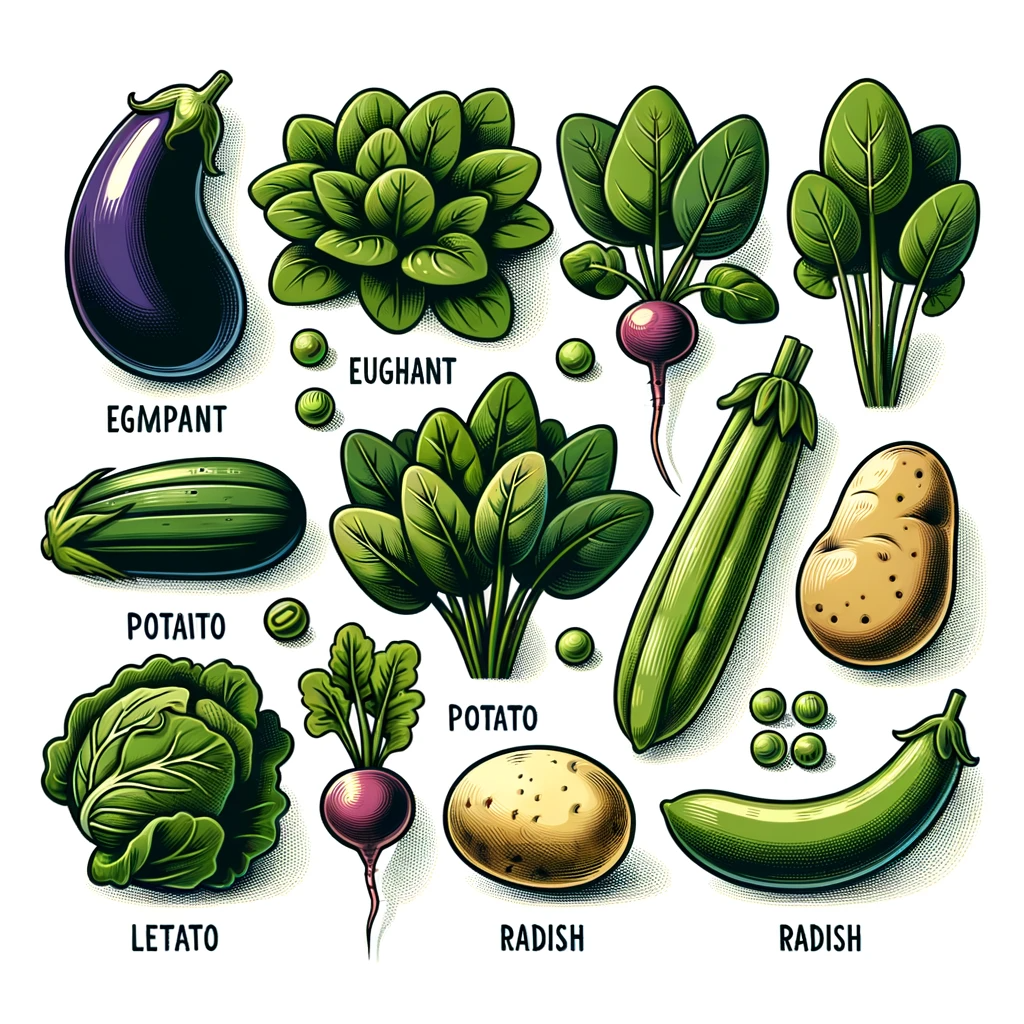 Vivid cartoon icons of various vegetables. An eggplant is labeled Egmpant, a bunch of leafy greens is labeled Eughant, a short zucchini is labeled Potaito, and a lettuce is labeled Letato. A potato and a very large green chili pepper are both labeled Radish.