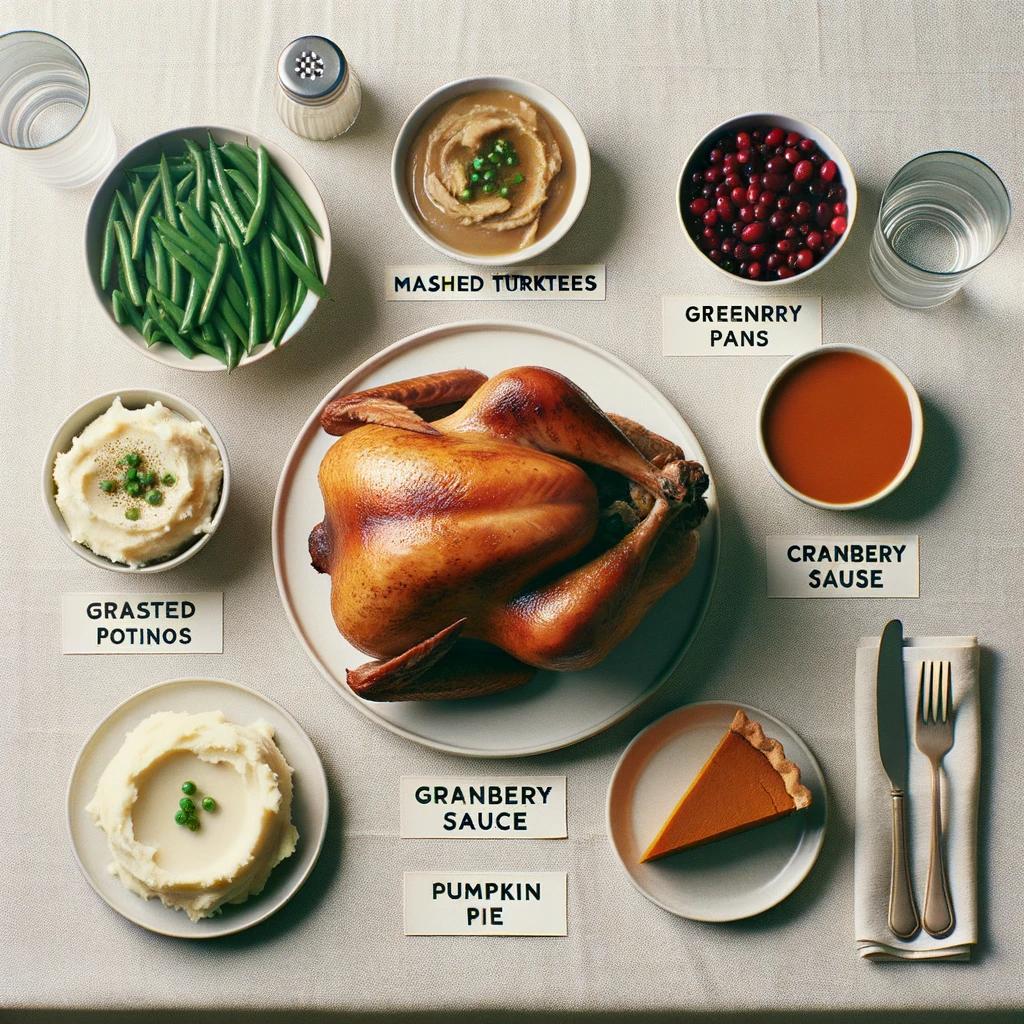 A top down view of many recognizable traditional Thanksgiving foods (mashed potatoes labeled grasted potinos, mashed potatoes labeled granbery sauce, mashed potatoes swimming in gravy (labeled mashed turktees), a bowl of tomato soup (labeled cranbery sause), a roasted turkey (no label), a bowl of plain cranberries (labeled greenrry pans), a slice of pumpkin pie (labeled pumpkin pie)