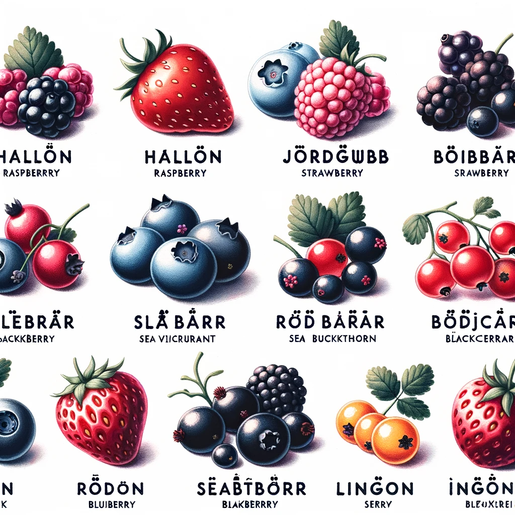 A set of berries labeled (incorrectly) in English and then (hilariously incorrectly with excessive umlauts) in Swedish. There are strawberries labeled Hallön and Rödön (the first ö, in addition to the umlaut, also has a bar stacked upon it). There's a set of blueberries and raspberries labeled Jördgwbb (the ö is actually a triple umlaut and the g has an umlaut too somehow). A cluster of red and black berries are labeled Rödbarar (the d, a, r, and last a all have umlauts). There's a bunch of blueberries labeled Slabarr, where the umlauts on the A's are clumps of at least 3 dots each. My favorite is probably the shiny black berries labeled Seabtbörr (The E has a double umlaut, the B has a smudge with a tiny dot over it, the T has some kind of curly hat, and the last o has a mini umlaut above its umlaut.