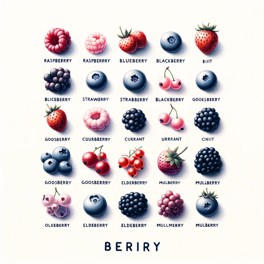 The styling is like an artsy poster with a grid of labeled berries. There are two raspberries labeled raspberrry, I'll give it that much. But there's a strawberry labeled Biitt, and a blackberry labeled Cniit. A cluster of pale berries might be underripe blueberries - they're labeled Oleeberry. A hilarious wide flat pale raspberry is labeled Cuurbeerry. I like the lavender colored cluster labeled Mullmerry. I would like to see someone hang this casually as a poster somewhere.