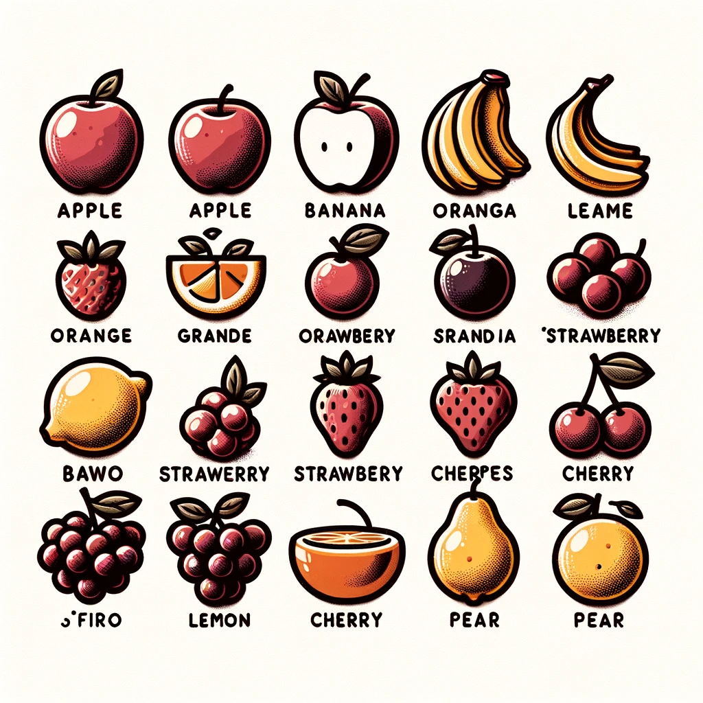 Very cute fruit icons, mostly incorrectly labeled in cheerful rounded capital letters. Two apples at the upper left are labeled Apple, but the apple next to it is partially cut open and is labeled banana. Next to that are two actual bunches of bananas but their labeles say Oranga and Leame. Three strawberries are labeled Orange, Strawbery, and Cherpes. Four bunches of grabes are labeled Strawberry, Strawerry, S'Firo, and Lemon. There's a lemon labeled Bawo and an orance slice labeled Grande.