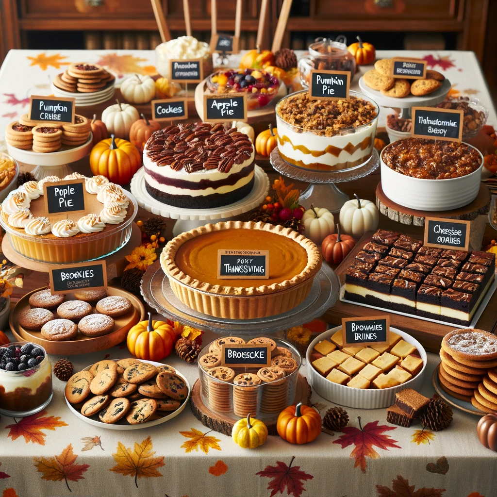 A big dessert table with a pumpkin pie labeled Pople Pie, another pumpkin pie labeled Poky (Poxy?) Thannssvimg, A pecan-topped cake labled both Apple Fie and Cockes, A trifle labeled Pumkim Pie, some shortbread squares labeled Bpowhies Briines, some chocolate chip cookies labeled Broisscke, and some very shallow stacked tarts labeled Pumpkin Crtise.