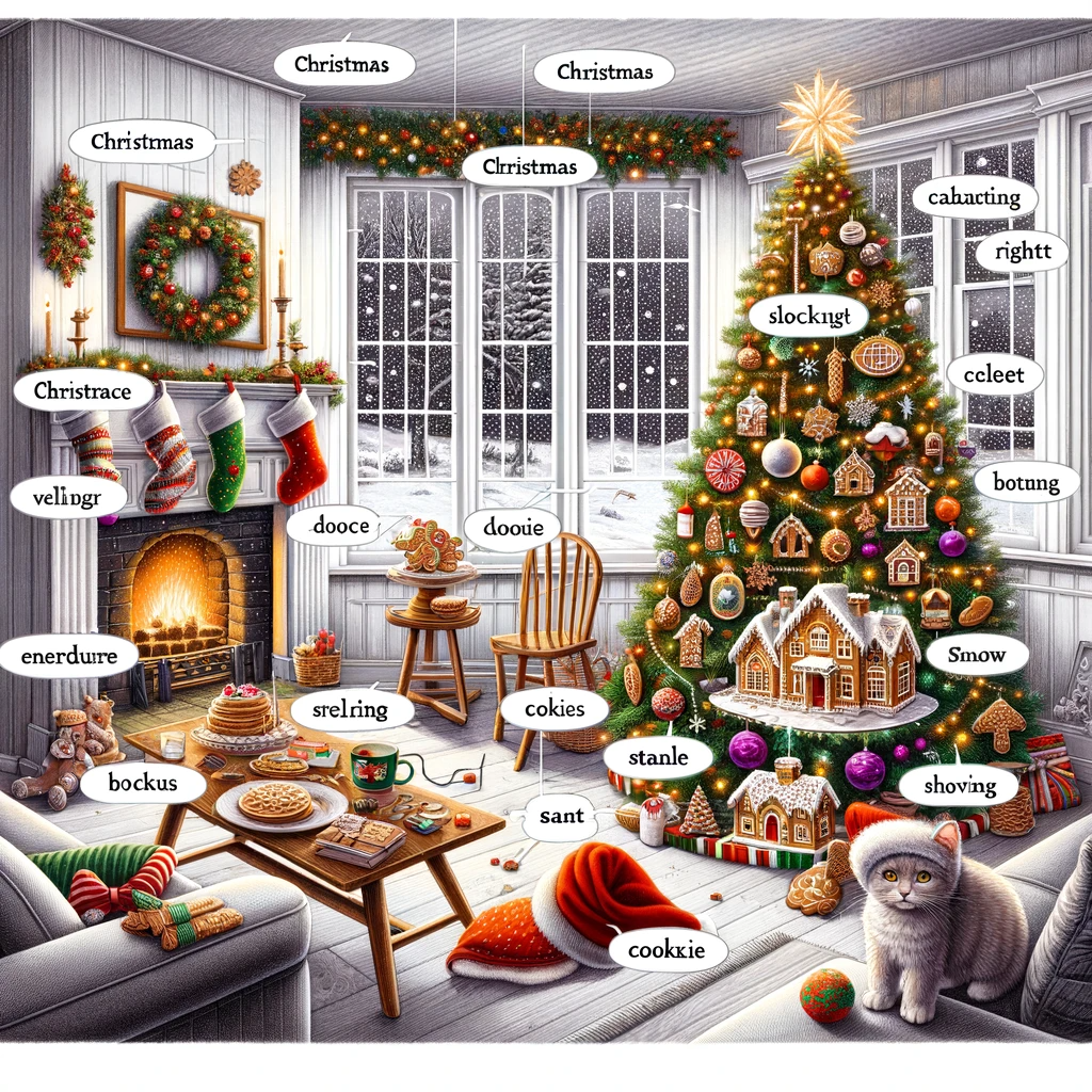 A detailed Christmas scene of a tree and fireplace hung with stockings, before snowy windows. There are gingerbread houses hung in the Christmas tree for some reason? And a cat staring into the camera, one ear sticking out of the brim of a santa hat. There are labels everywhere but none of them match items and most don't remotely resemble real words. A flock of "Christmas" variously misspelled orbit the ceiling. Other labels I like: doouie (near the window), bockus (near the fireplace), shoving (pointing into the tree), smow (near shoving), and slockngt (in the middle of the tree).