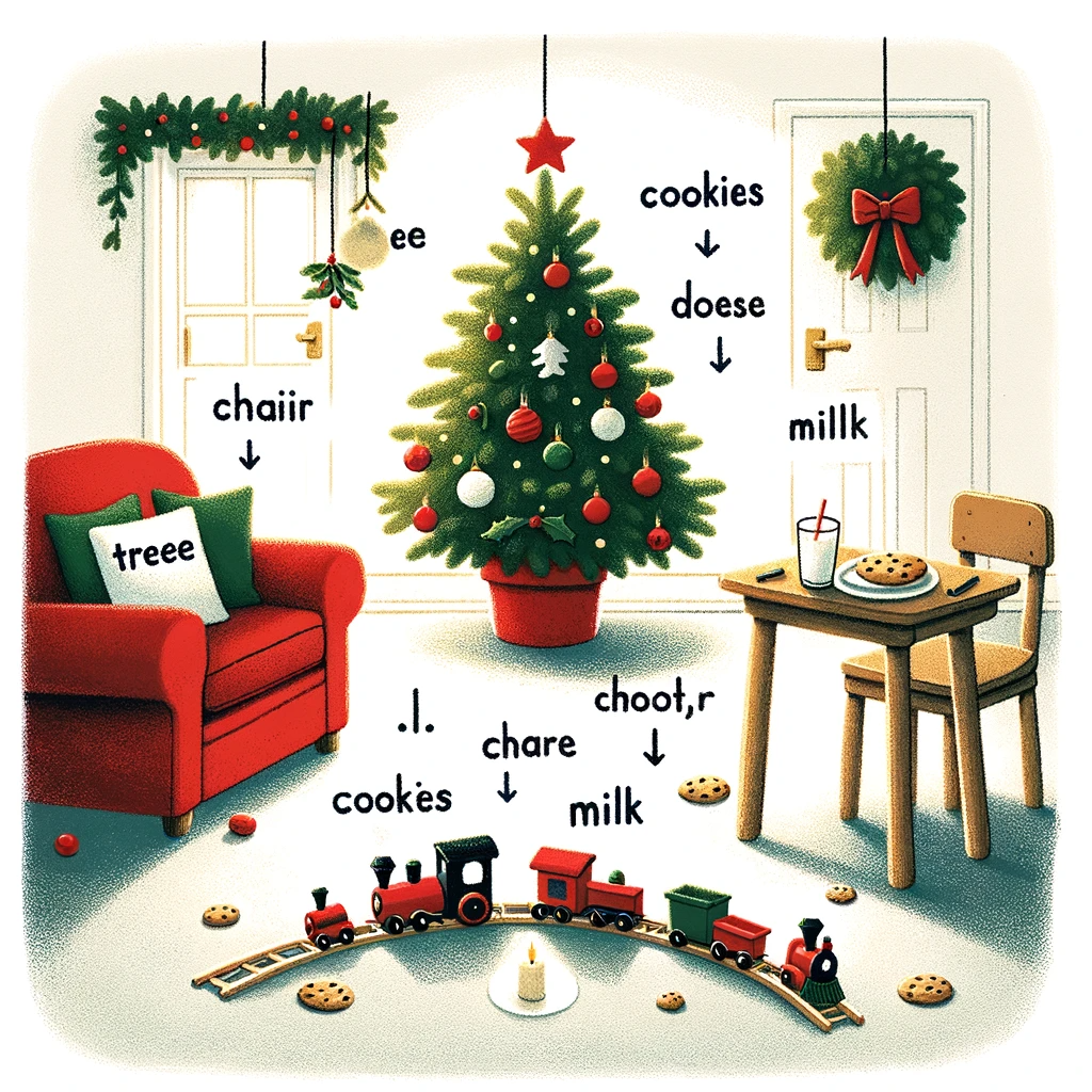 An indoor Christmas scene with a tree (unlabeled) and a train set consisting entirely of locomotives and pieces of locomotives ("choot,r"). A chair ("chaiir") has a cushion labeled treee, and there are cookies strewn all over the floor ("cook'es"). The window has a door handle and a mistletoe labeled "ee".