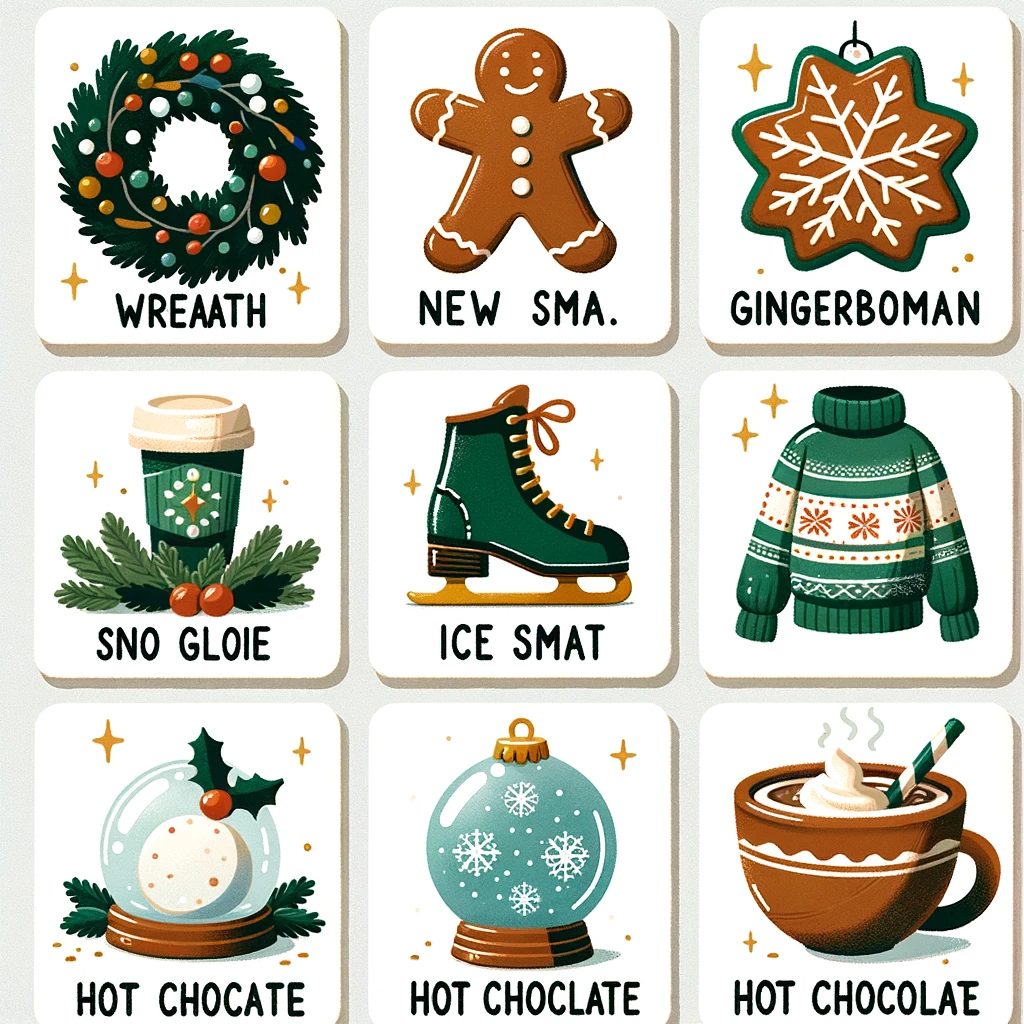 A grid of cartoonlike images. Upper left: a wreath, labeled Wreainlabath. Upper middle: a gingerbread man, labeled New Sma. Upper right: a gingerbread snowflake ornament, labeled Gingerboman. Middle left: A starbucks cup labeled Sno Gloie. Middle: An ice skate labeled Ice Smat. Middle right: A sweater, unlabeled. Lower left: A snow globe containing a snowball, labeled "Hot Chocate". Lower middle: an opaque snow globe with snowflakes on the outside, labeled Hot Choclate. Lower right: A fancy mug of chocolate with a straw and whipped cream, labeled Hot Chocolae.