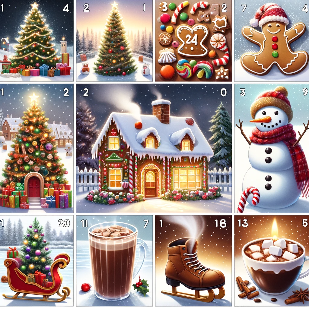 A grid of Christmas-themed images, each done in a similar style. Each image has at least two numbers, including several 1's and a 0. There is a steaming ice skate (with two blades), and a candle flame burning in a mug of hot chocolate. A gingerbread cottage is steaming from the chimney and also from one of its gumdrops One of the Christmas trees has a door. There's also a pile of unidentifiable Christmas candy including some kind of candy cane pinwheel snake.