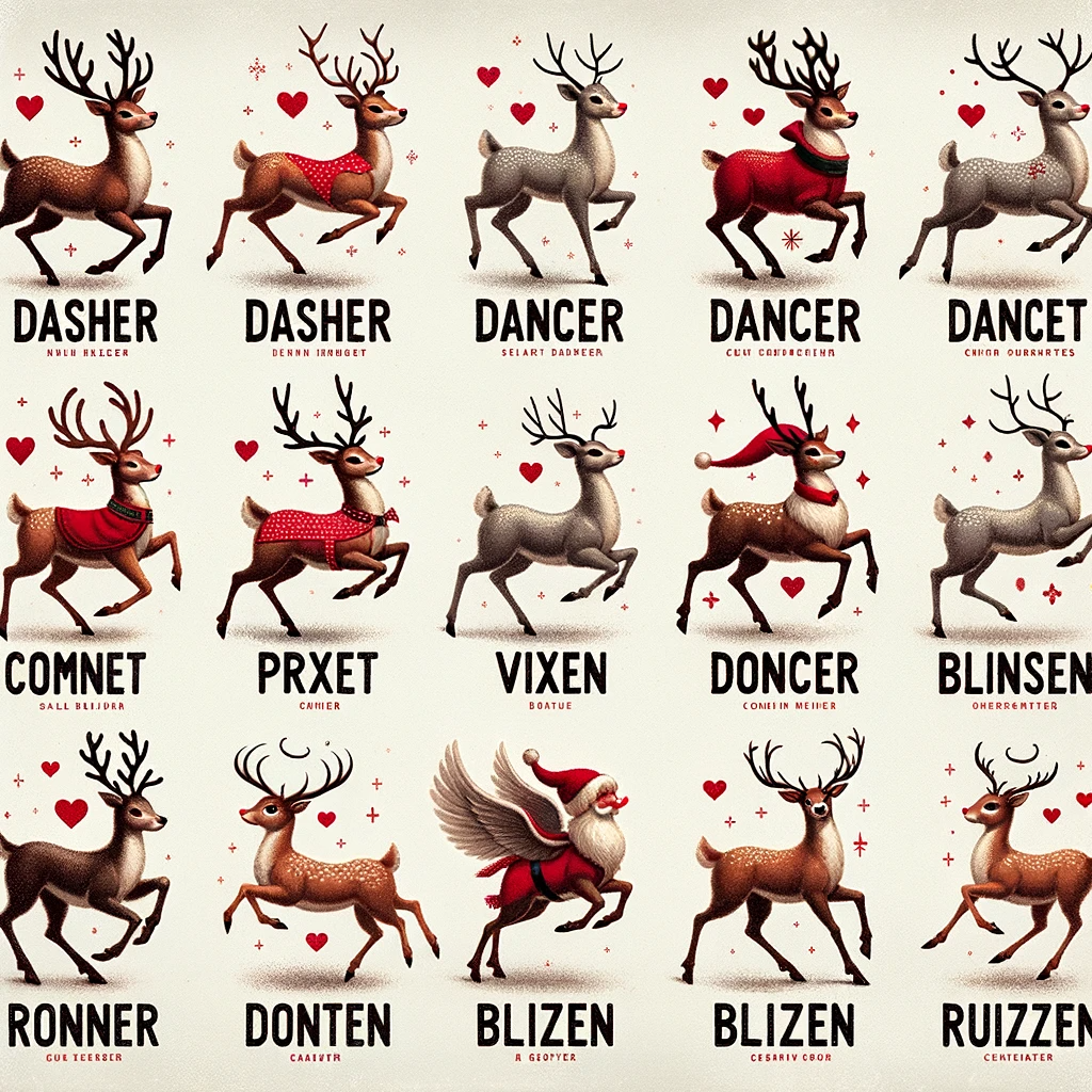 They are all recognizably leaping reindeer and some of them even have the names of Santa's reindeer (there's two dashers, two dancers, and a vixen). Others are more garbled, like Comnet, Prxet, Doncer, Ronner, Blizen, and Ruizzen. One of the dancers has melded extra antlers, and the Donten has three back legs. Doncer is wearing a santa hat. And one of the Blizens is a terrifying Santa Claus hippogriff. Beneath each reindeer's clearly legible name is a word or two in much smaller font, mostly illegible.