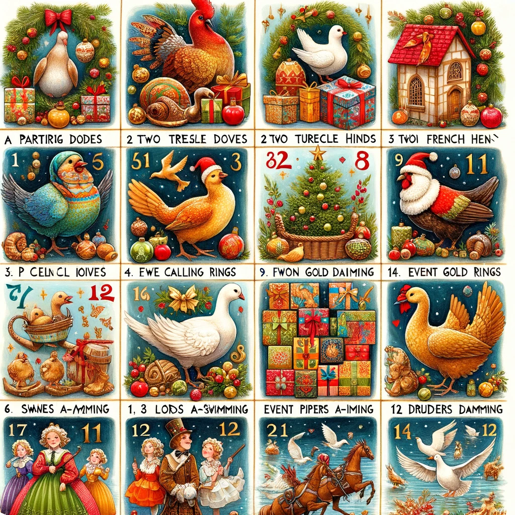 Illustrations in the style of old-timey Christmas cards. Garbled versions of the 12 days of christmas verses accompany the images (Ewe Calling Rings, Two Tresle Doves, 12 Druders Damming, 3 Lods A-Swimming, 14 Event Gold Rings). The illustrations are mostly of unidentifiable birds, most a cross between a dove and a chicken, although there is a cool chicken-budgie in a nightcap and a double-tailed goose. Two of the birds are wearing santa hats which is adorable. There are some Victorian-style people and horses, but it's unclear which verses they are supposed to be. One box is just wall to wall presents.