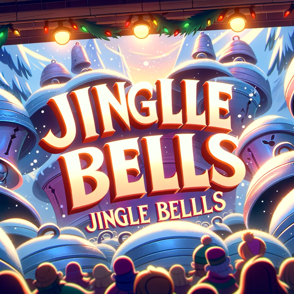 It looks like a movie theater (with the audience in wooly caps) showing an apocalyptic scene of enormous bells tumbling onto the camera. Text reads Jinglle Bells Jingle Bellls